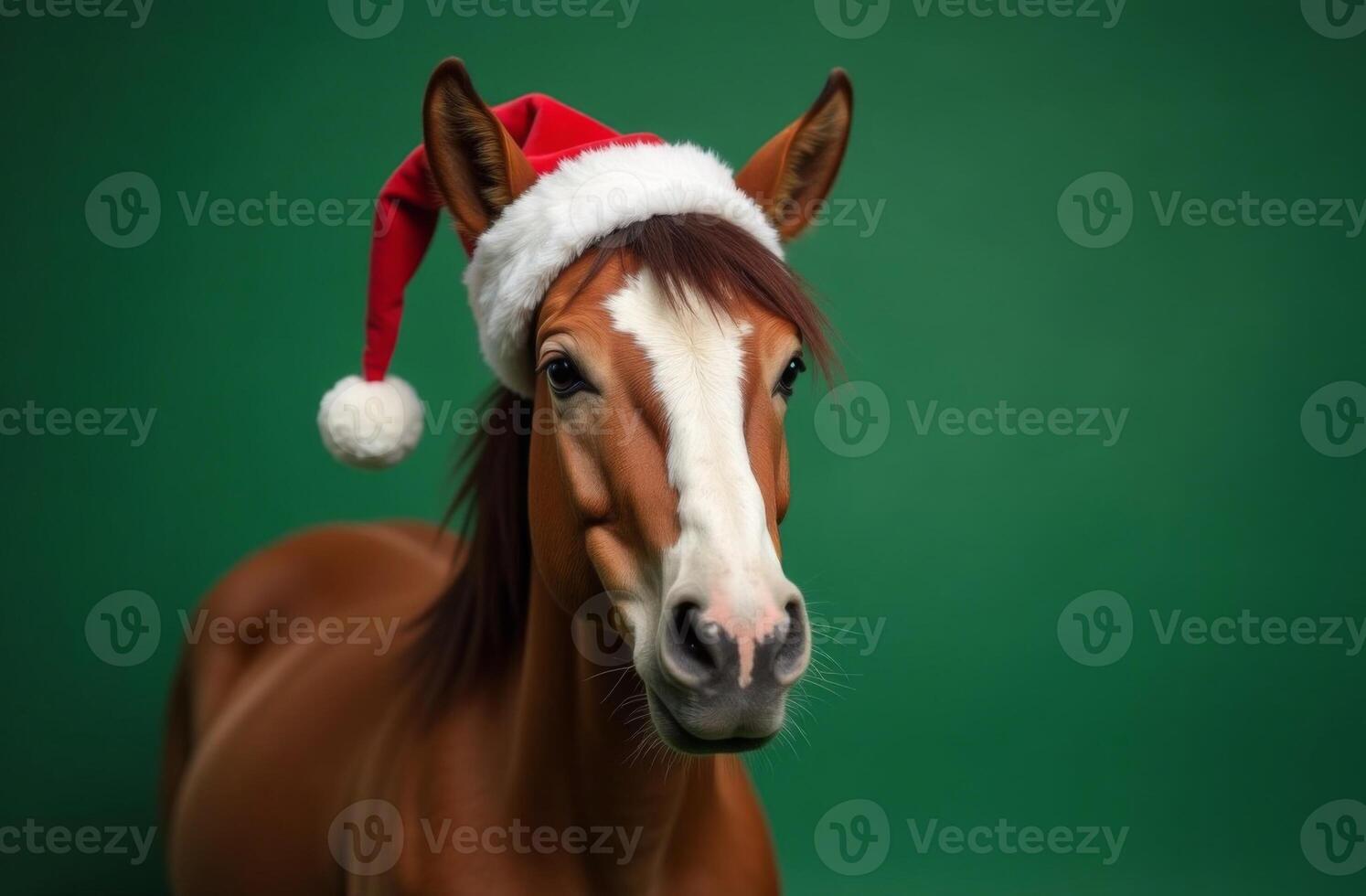New Year Cute horse Portrait in Santa Claus Hat on Green Background, Christmas Card with Place for text photo