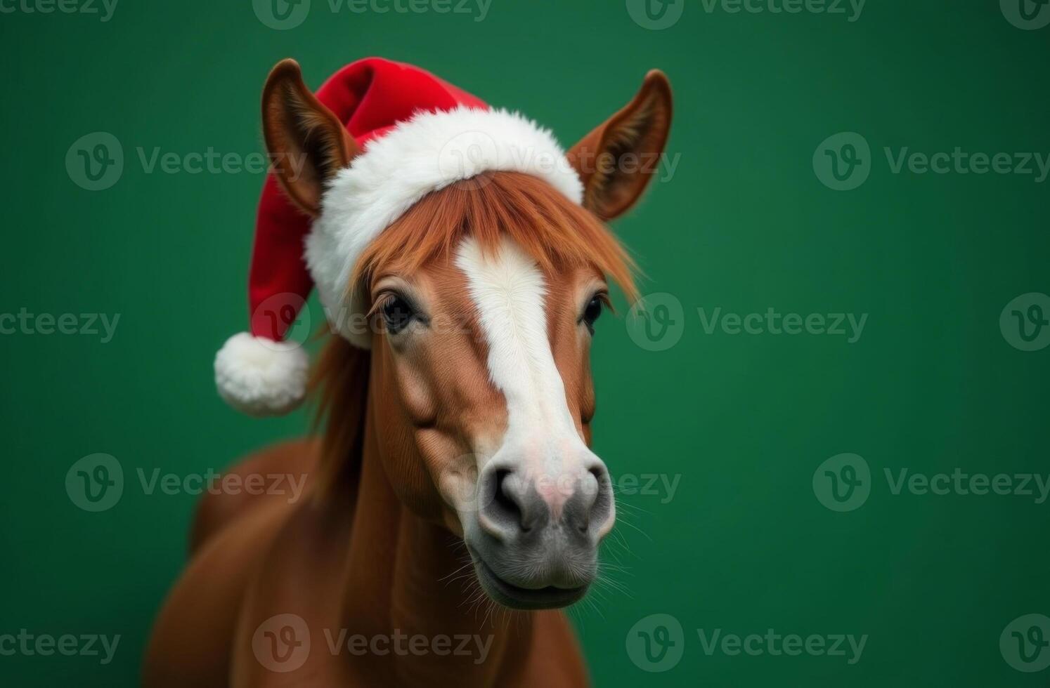 New Year horse Portrait in Cute Santa Claus Hat on Green Background, Christmas Card with Place for text photo