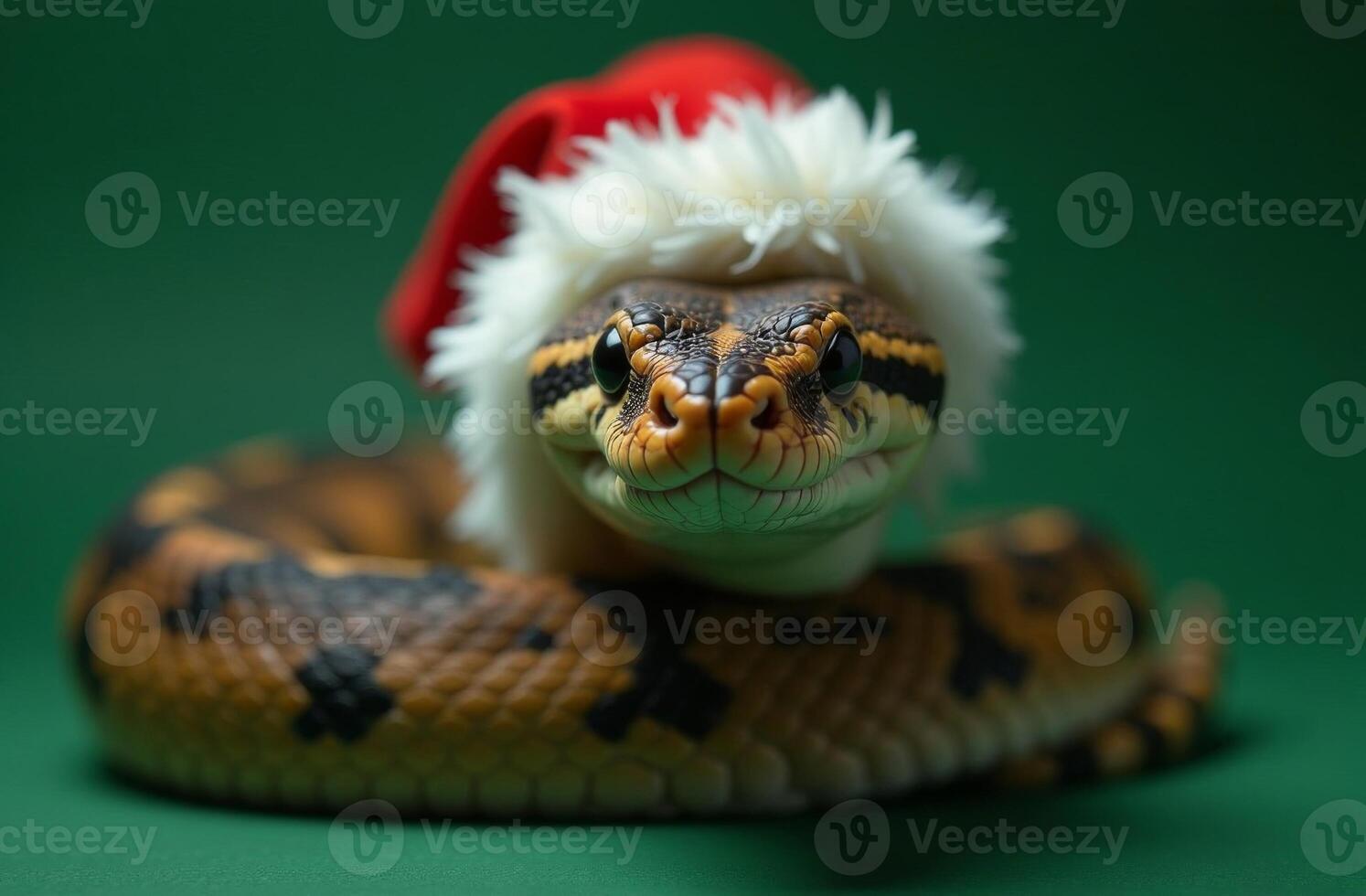 New Year Cute snake Portrait in Santa Claus Hat on Green Background, Christmas Card with Place for text photo