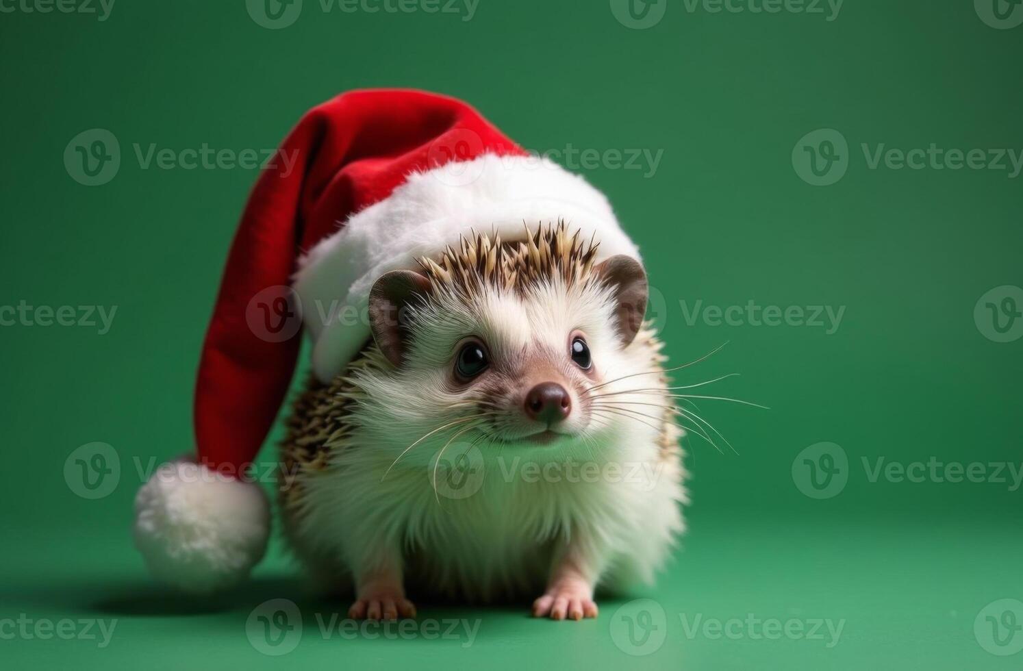 New Year hedgehog Cute Portrait in Santa Claus Hat on Green Background, Christmas Card with Place for text photo