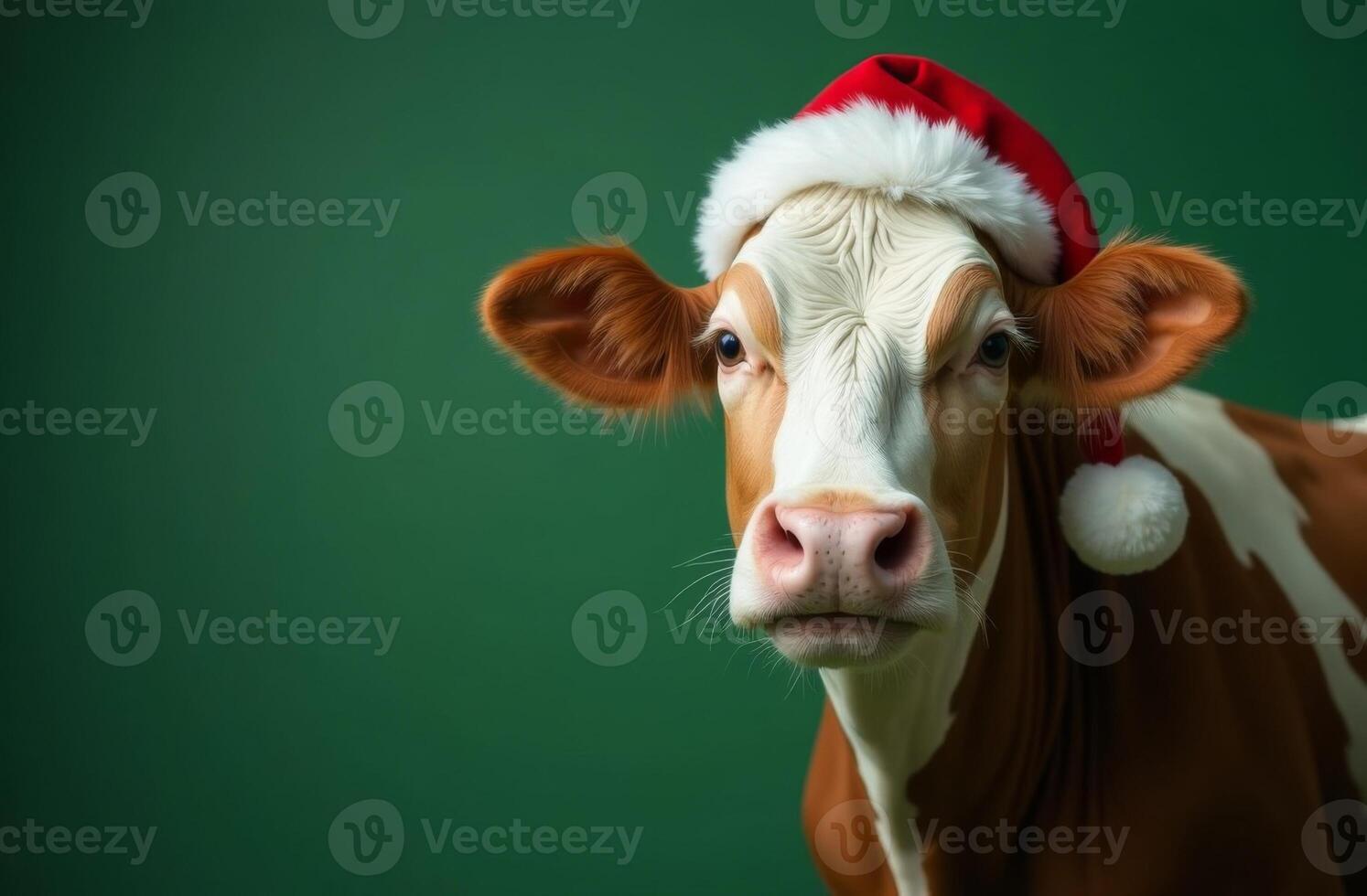 New Year cow Cute Portrait in Santa Claus Hat on Green Background, Christmas Card with Place for text photo