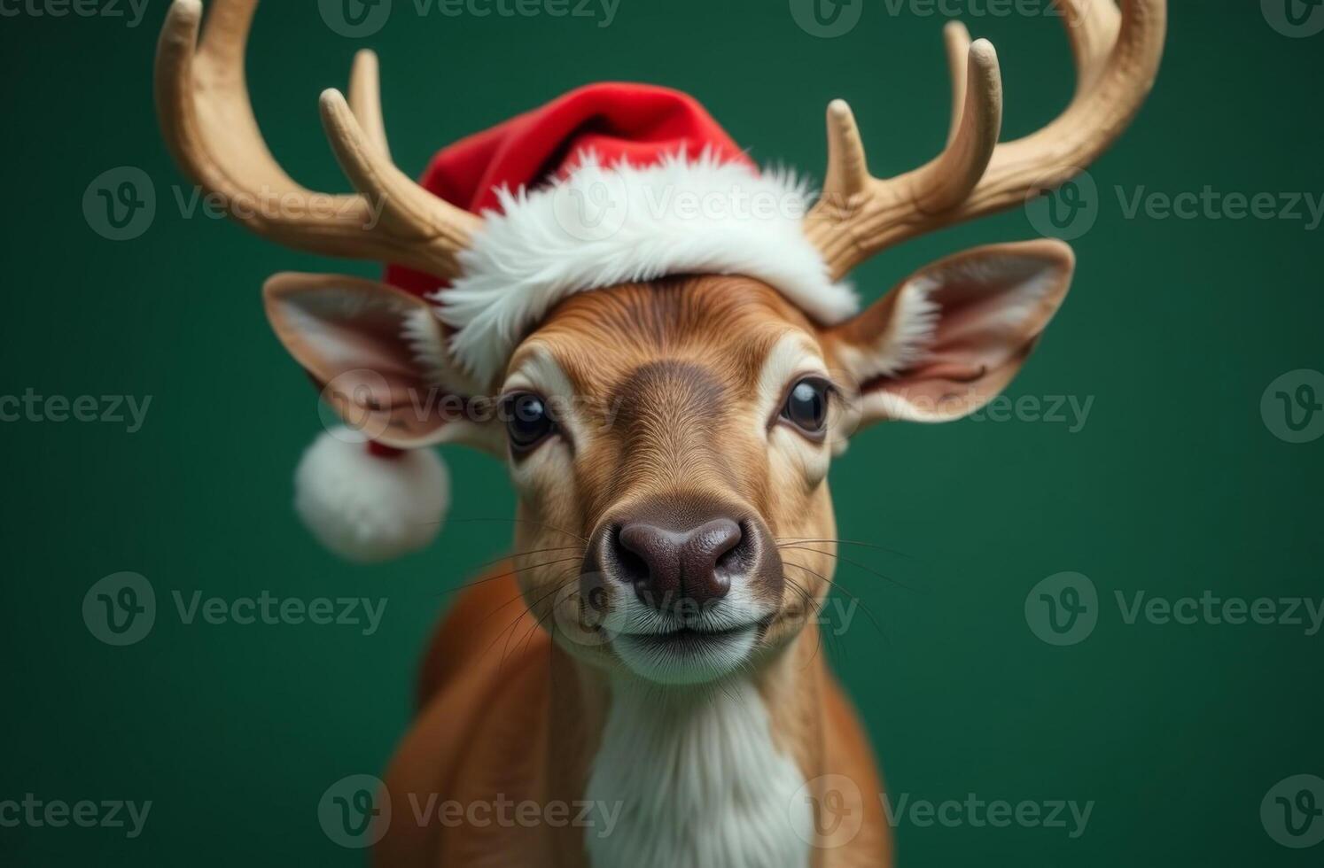 New Year Cute deer Portrait in Santa Claus Hat on Green Background, Christmas Card with Place for text photo