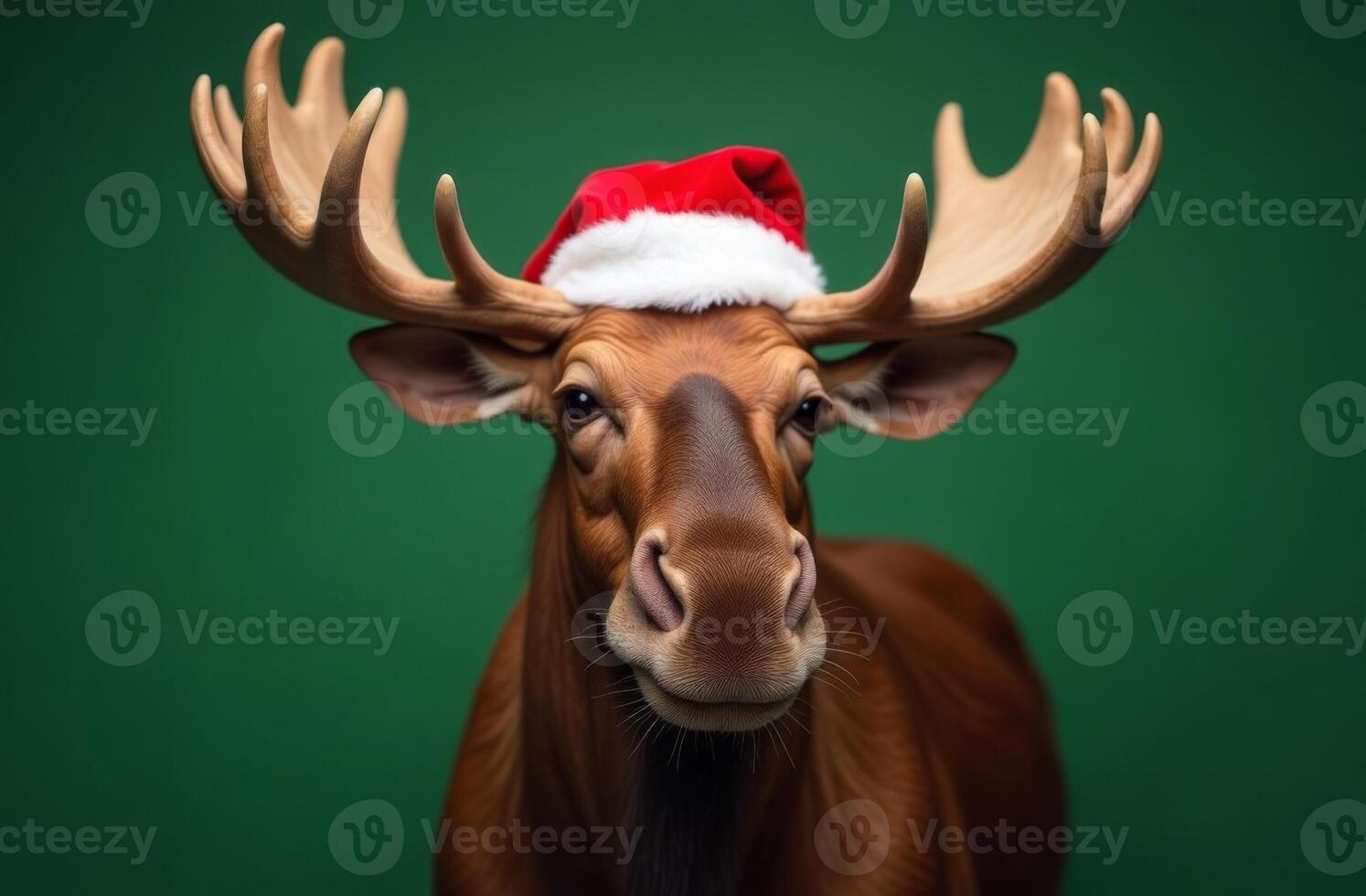 New Year Cute elk Portrait in Santa Claus Hat on Green Background, Christmas Card with Place for text photo