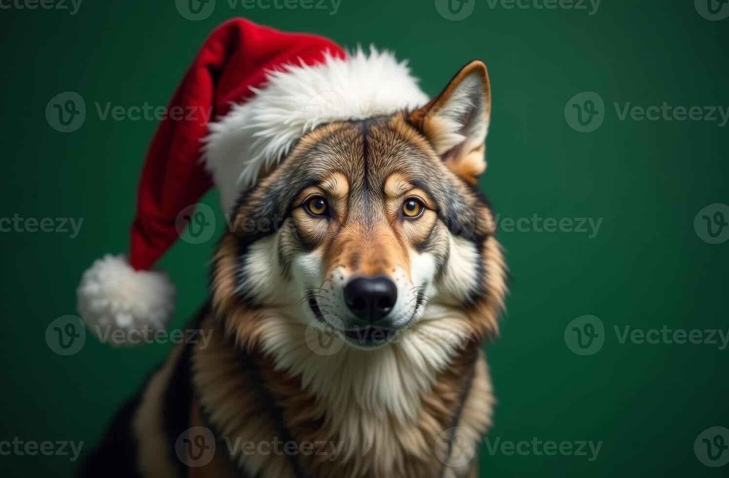 New Year wolf Cute Portrait in Santa Claus Hat on Green Background, Christmas Card with Place for text photo