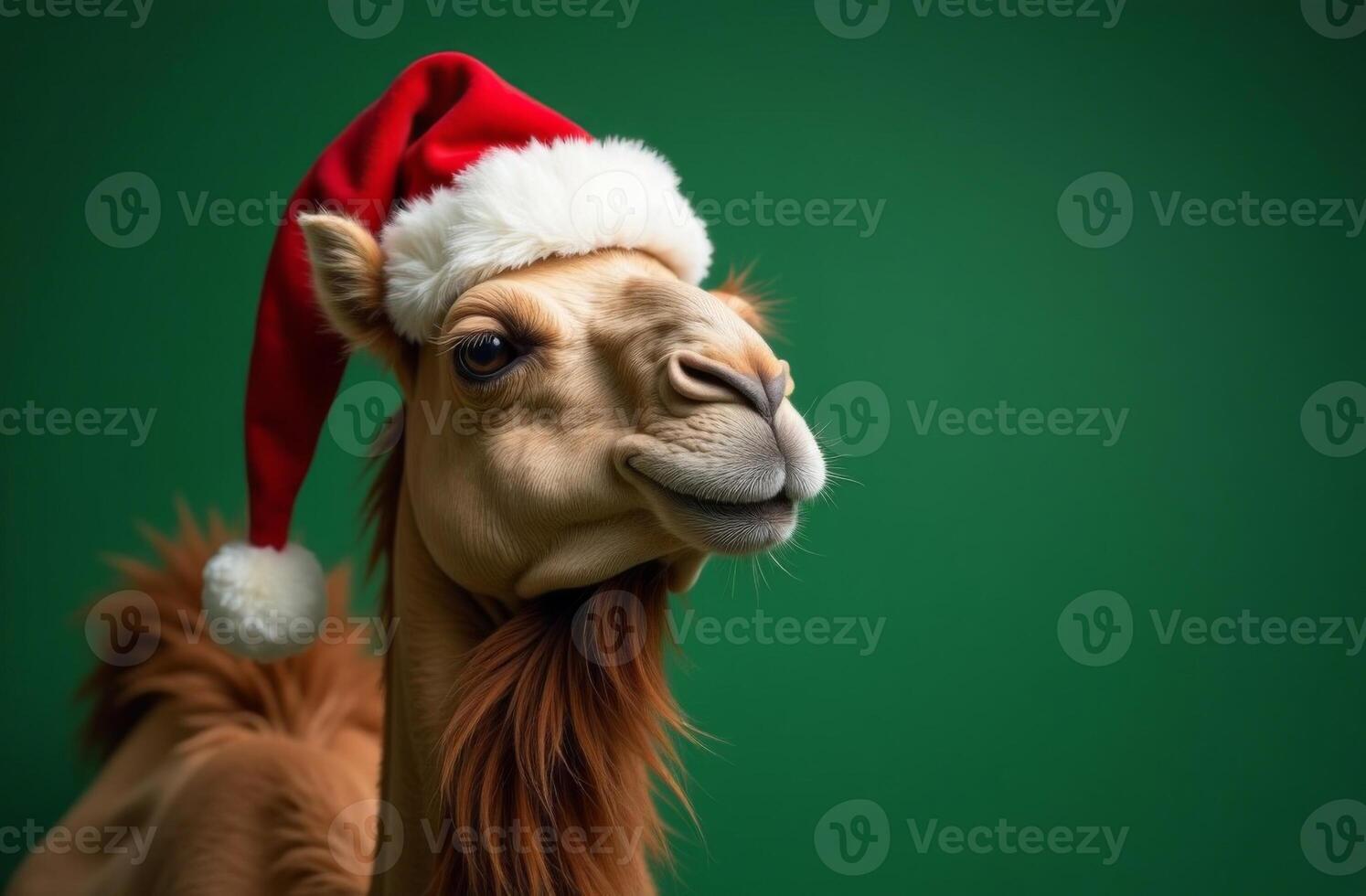 New Year Cute camel Portrait in Santa Claus Hat on Green Background, Christmas Card with Place for text photo