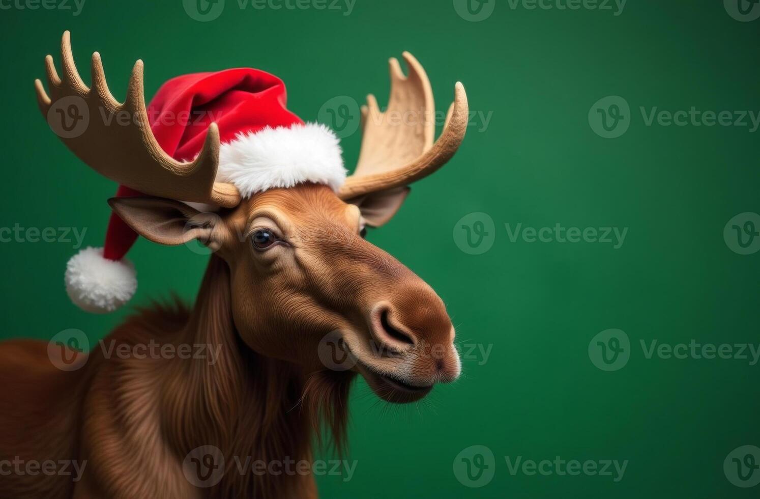 New Year elk Cute Portrait in Santa Claus Hat on Green Background, Christmas Card with Place for text photo