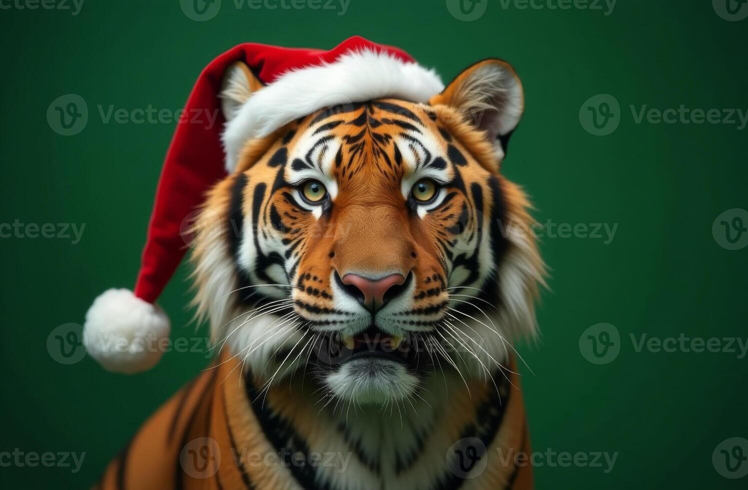 New Year tiger Cute Portrait in Santa Claus Hat on Green Background, Christmas Card with Place for text photo