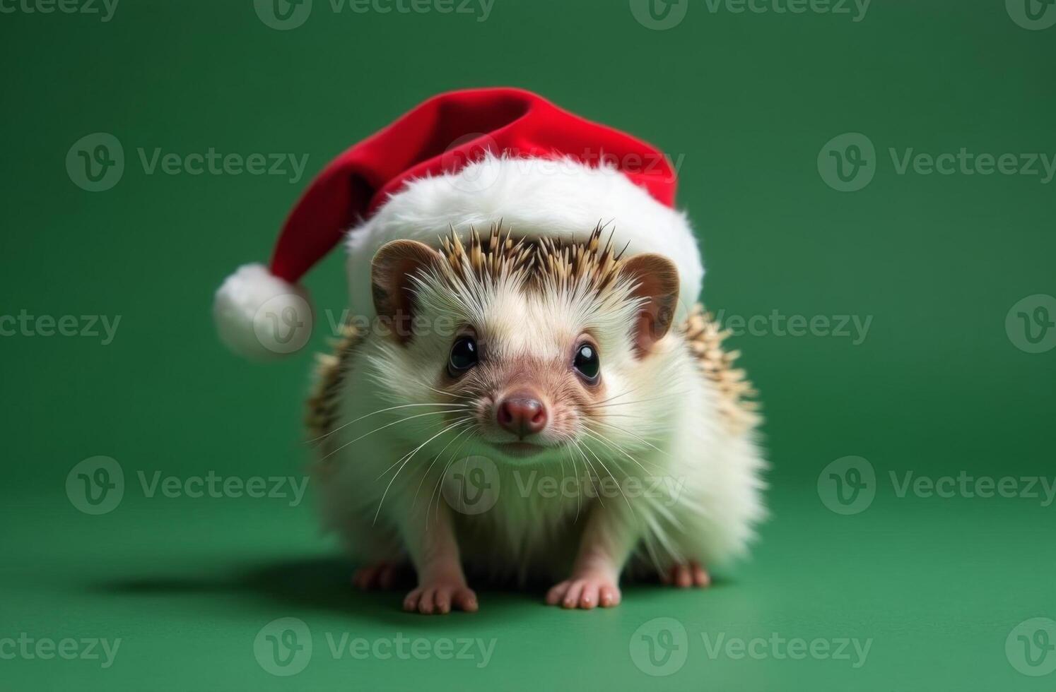 New Year Cute hedgehog Portrait in Santa Claus Hat on Green Background, Christmas Card with Place for text photo