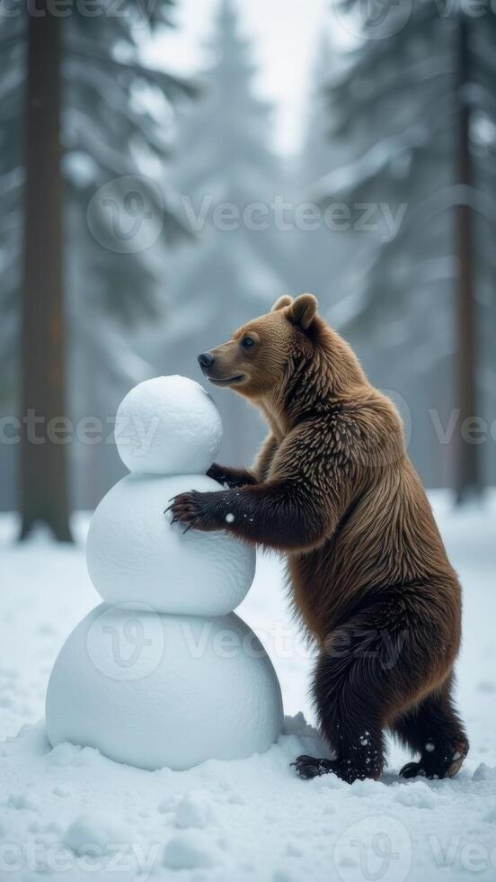 A bear make sightly snowman in the forest in winter, wild animal sit in the snow photo