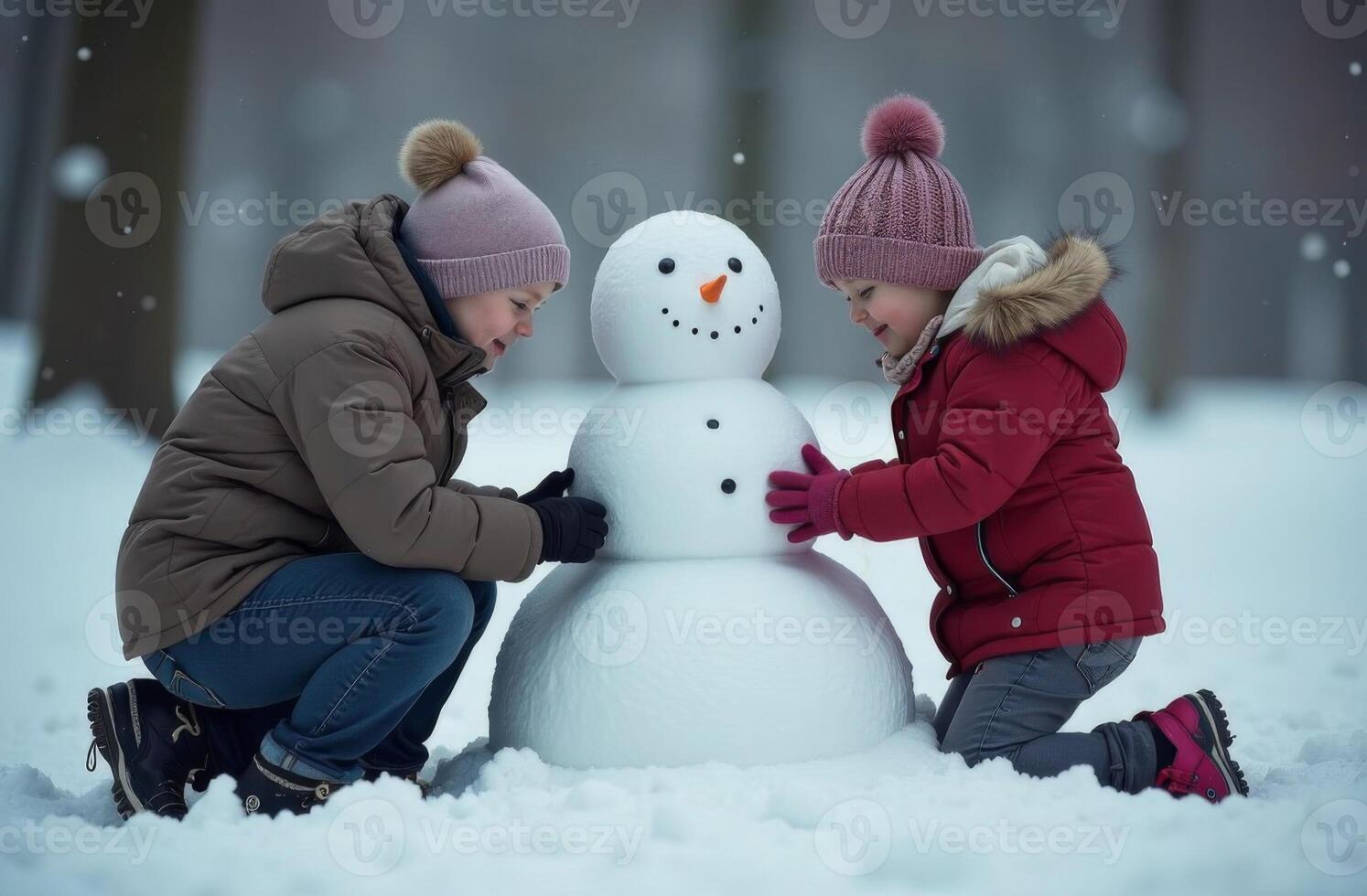 GIrl and boy make snowman in the forest, family of brother and sister playing outside in winter photo