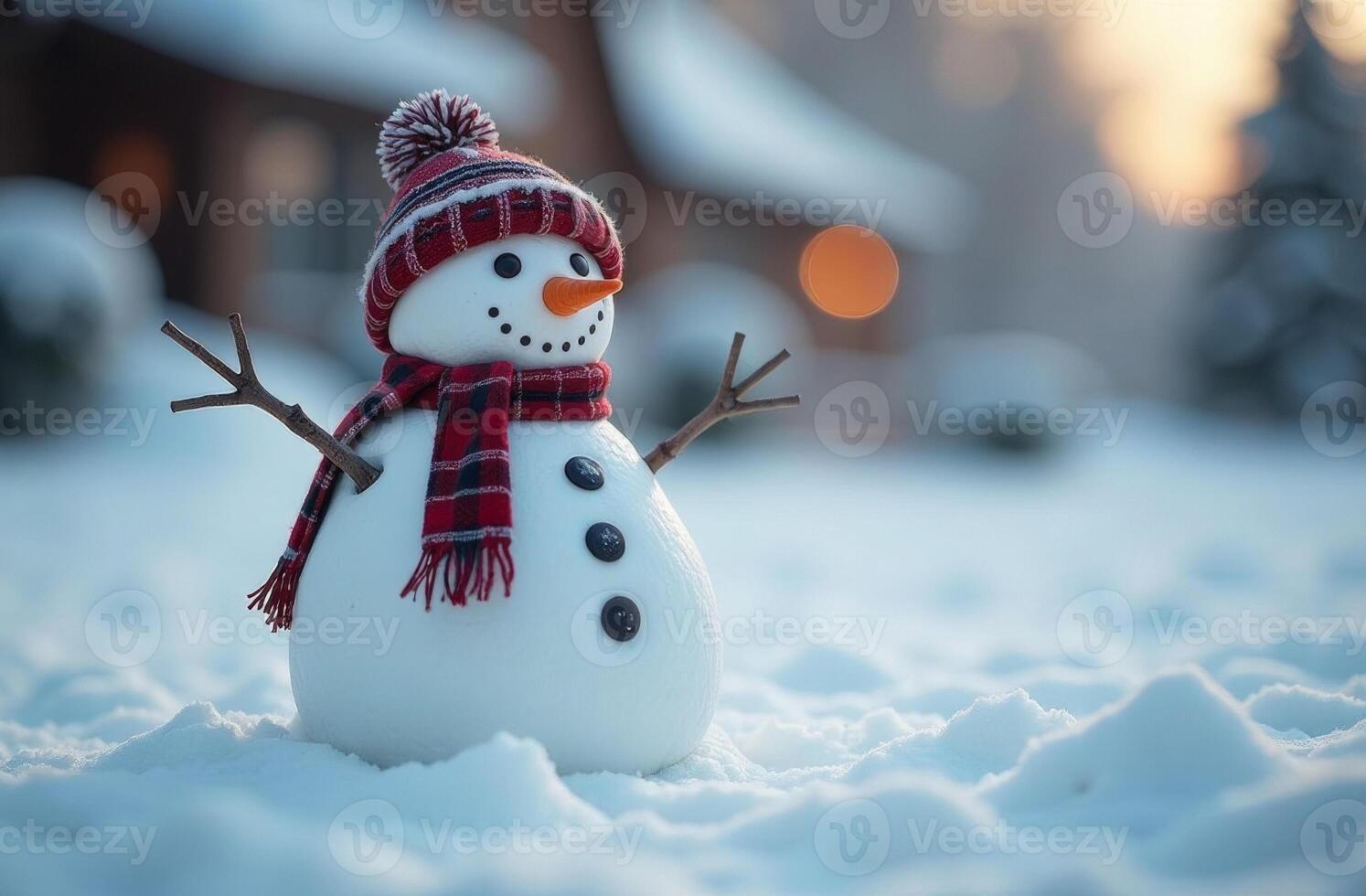 Snowman in hat and scarf standing in sightly snow against the background of forest in winter, free space for text photo