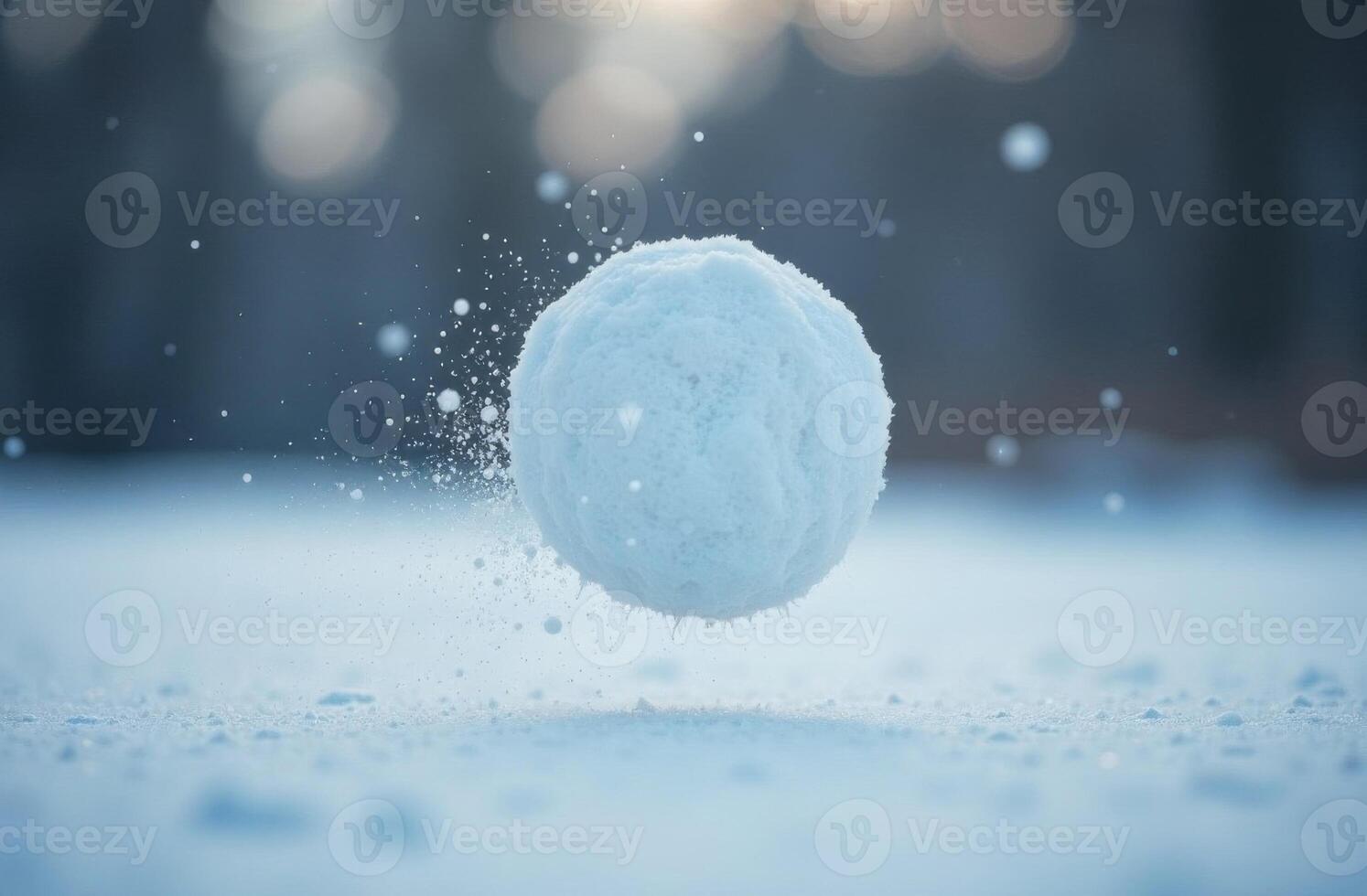 Snowball thrown sightly, snowball fighting outdoor forest, macro photo