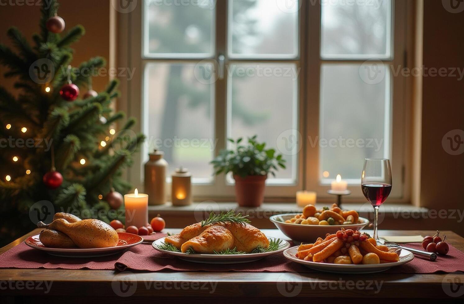Christmas dinner, plate beautiful food on table, Christmas tree background photo