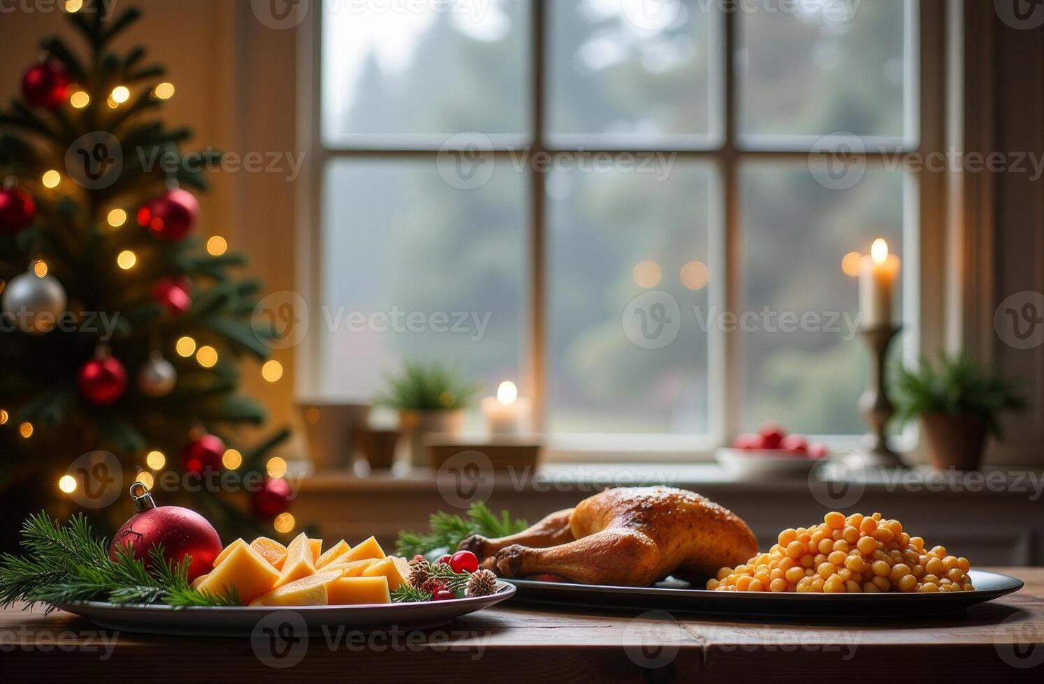 Christmas dinner, plate food on beautiful table, Christmas tree background photo