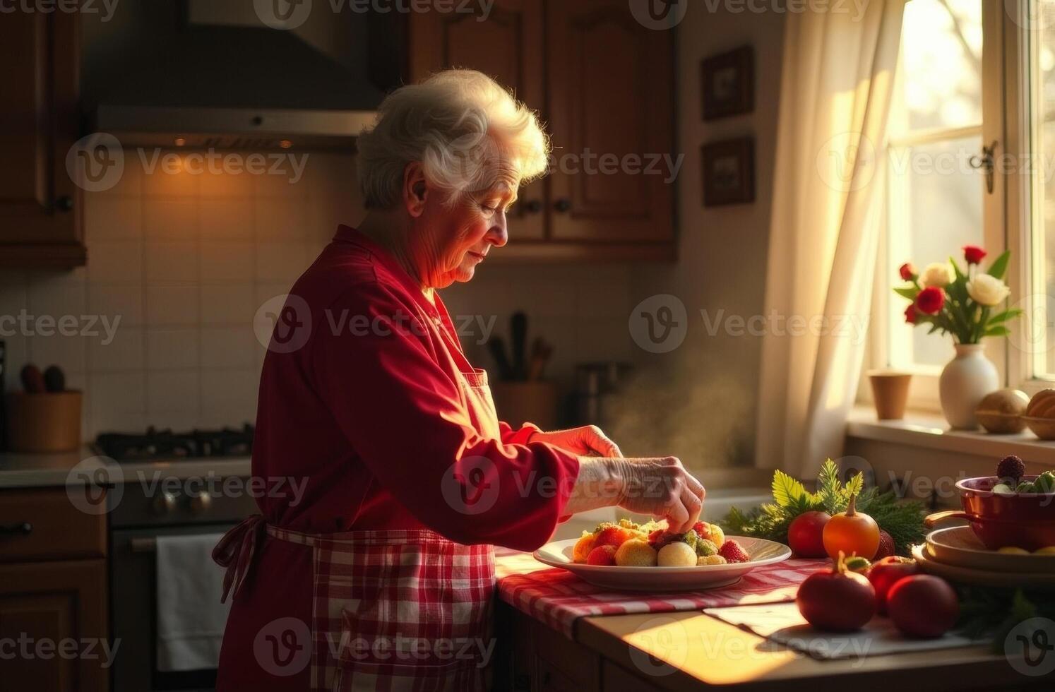 Old woman cooking beautiful dinner, sun shining window, food on table photo
