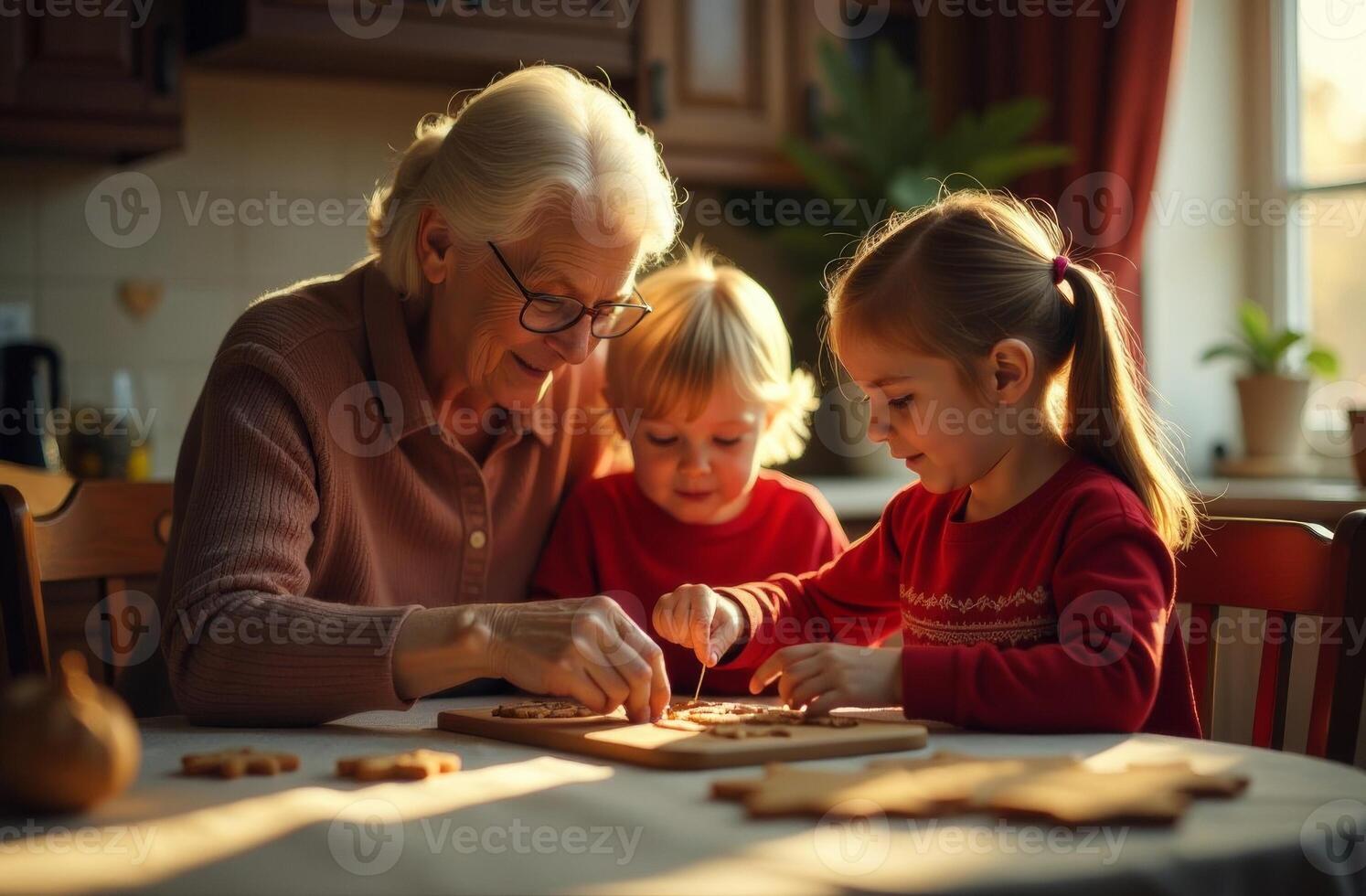 Grandmother with beautiful grandchildren cooking ginger cookies for holiday photo