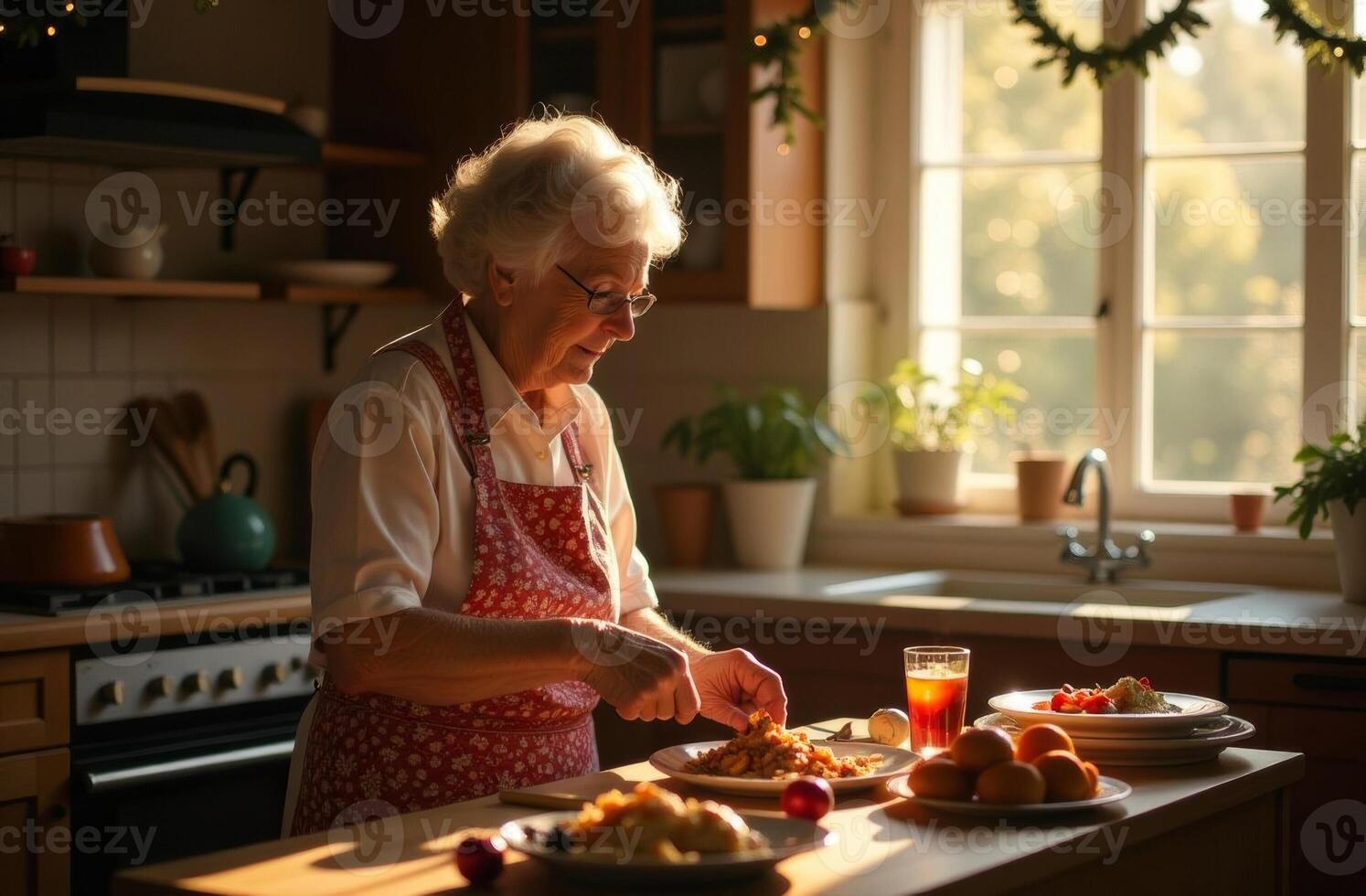 Old beautiful woman cooking dinner, sun shining window, food on table photo