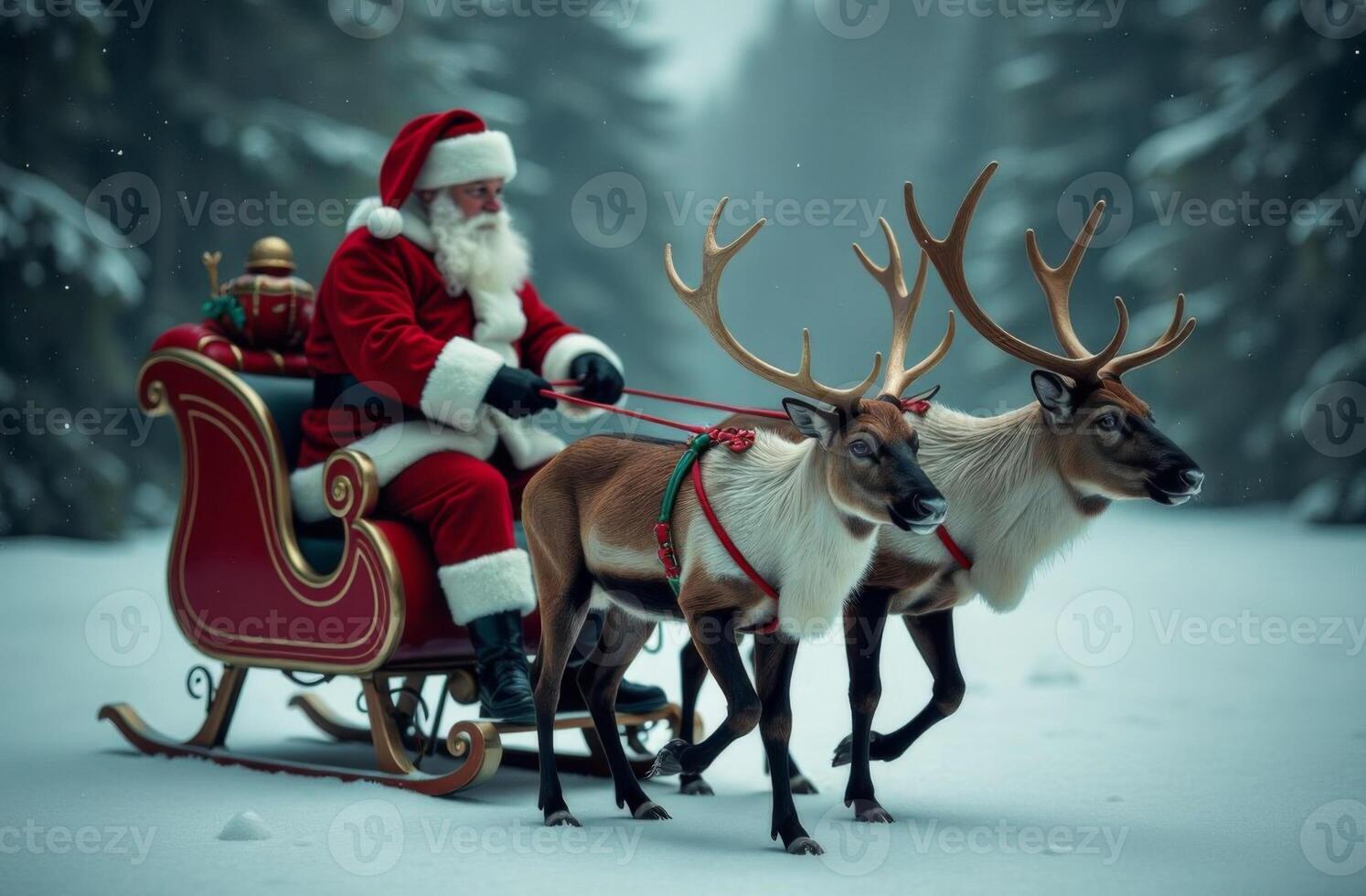 Santa Claus riding sleigh with reindeer through a snowy forest, bright overcast Christmas day photo