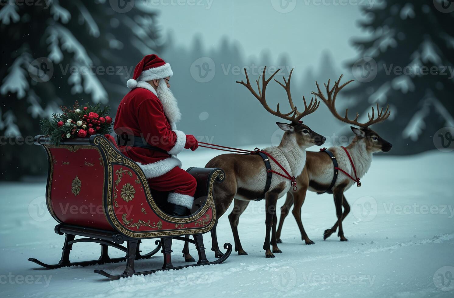 Santa Claus beautiful riding a sleigh with reindeer through a snowy forest, bright overcast Christmas day photo