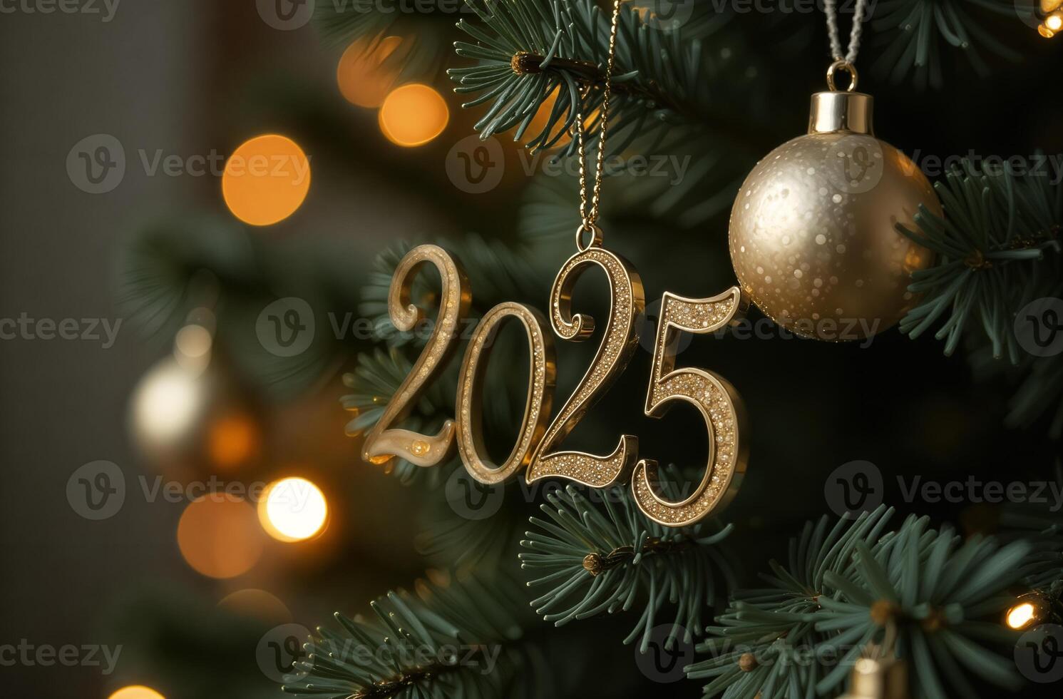 Christmas toy lettering 2025 beautiful hanging on decorated branch, close-up fir tree photo