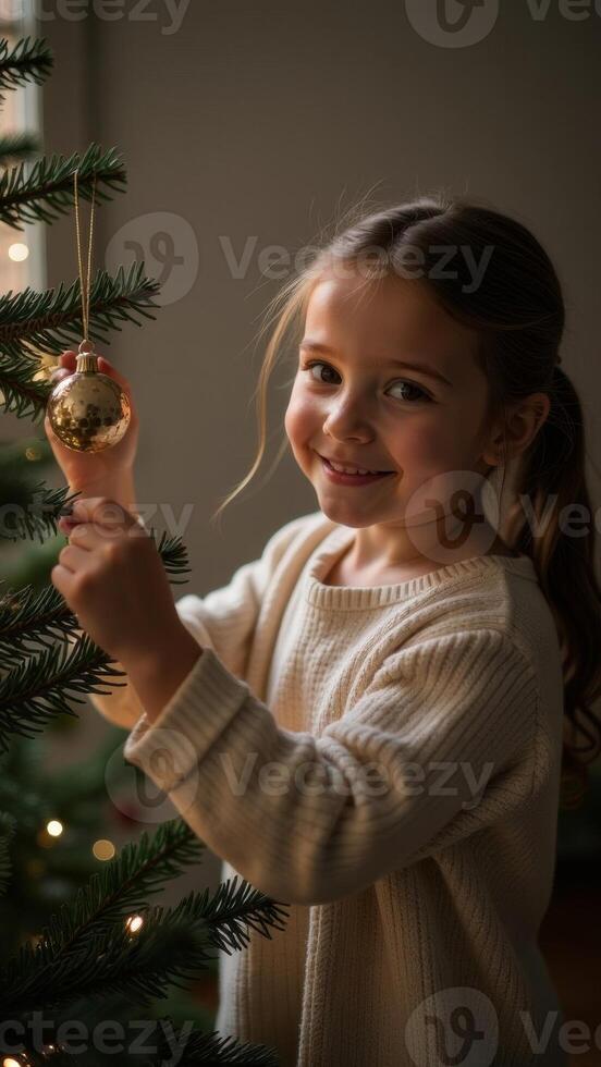 Smiling child decorating beautiful glowing Christmas tree, girl holding a New Year decoration ball in his hand photo