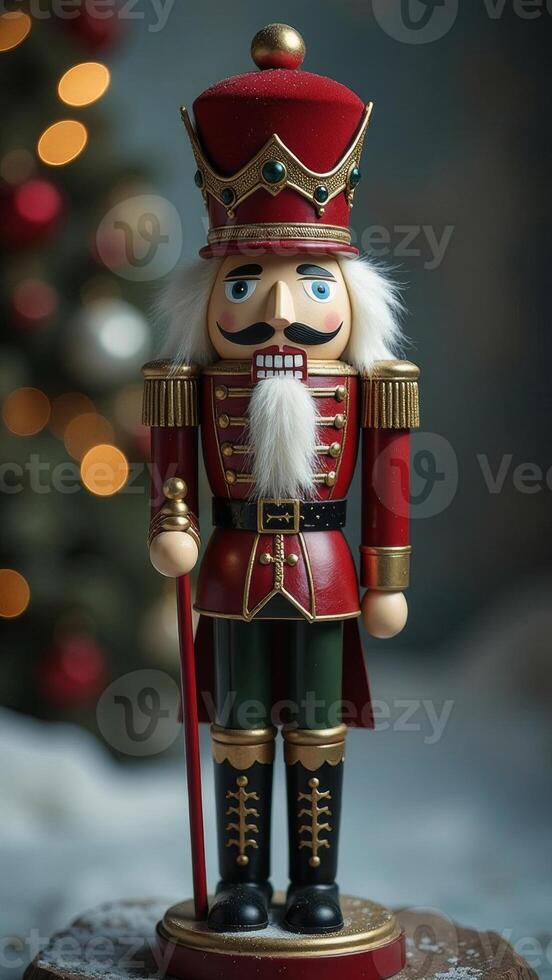 New Year still life, Christmas tree, nutcracker and gifts stand on wooden table, space for text astonishing photo