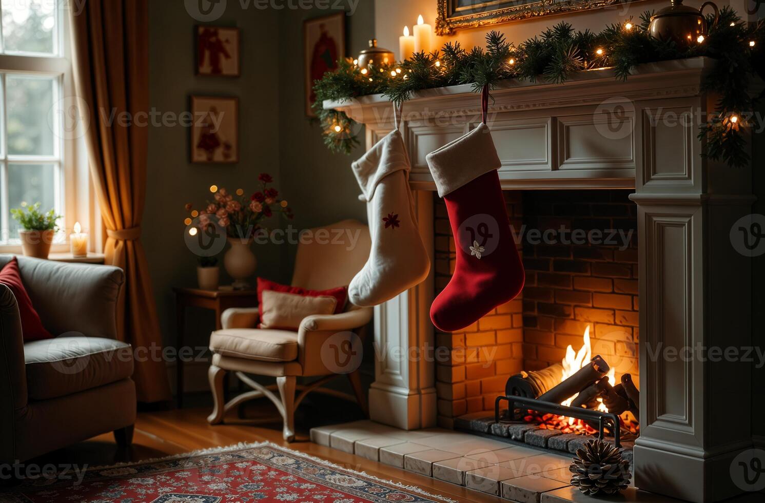 New Year interior of living room, decorated Christmas tree indoor fireplace outside window winter evening wonderful photo