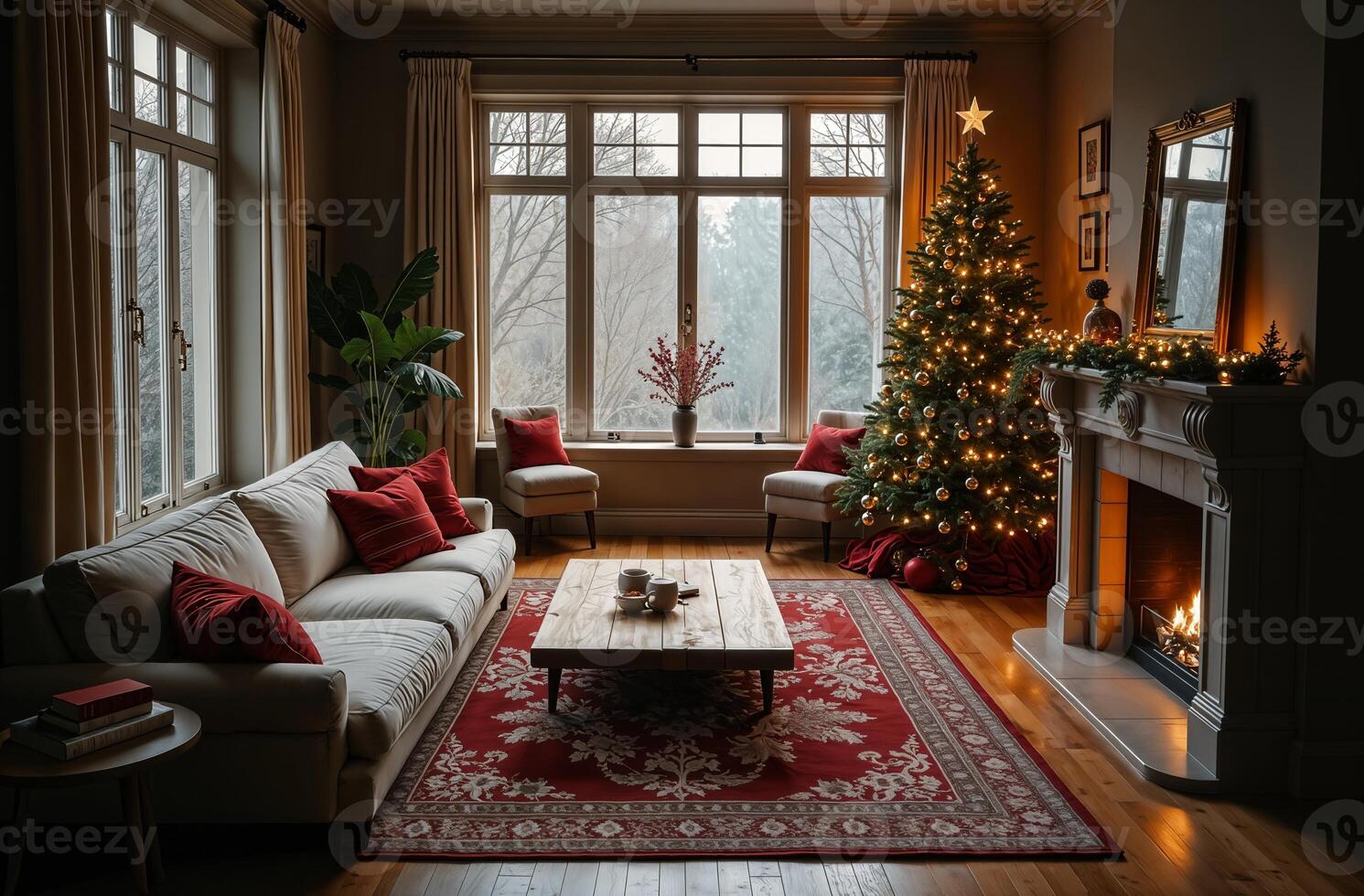 New Year interior of the living room, decorated Christmas tree indoor, wonderful outside window winter snowy evening photo