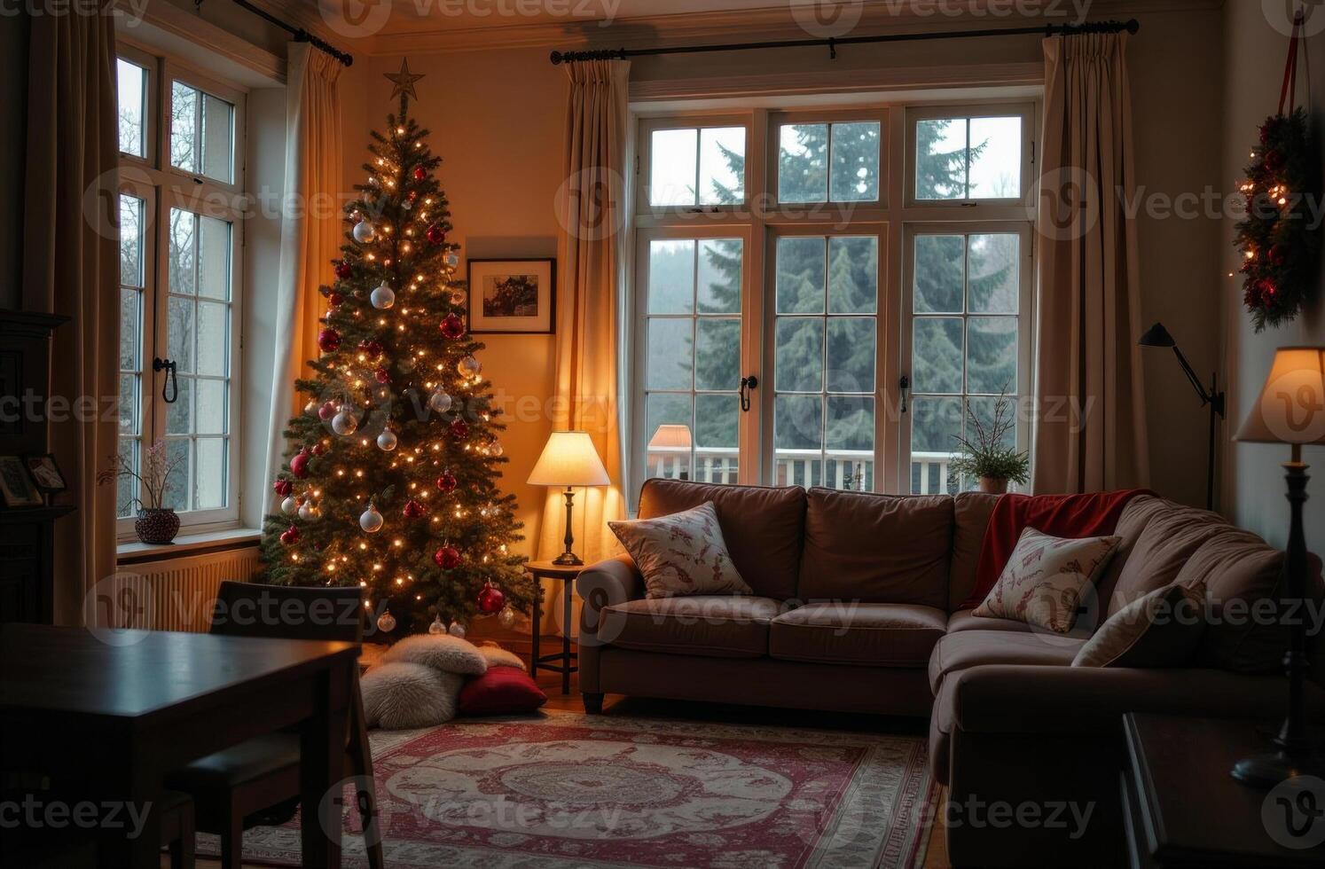 New Year interior of the living roomwonderful , decorated Christmas tree indoor, outside window winter snowy evening photo