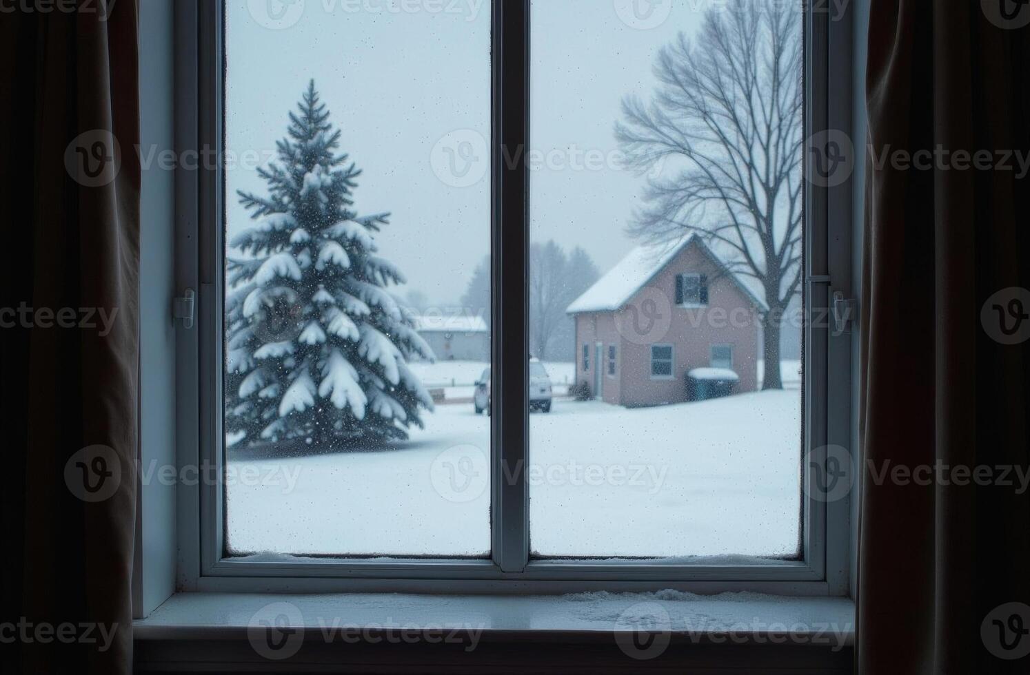 Windowsill inside wintry house, outside window winter, Christmas tree photo