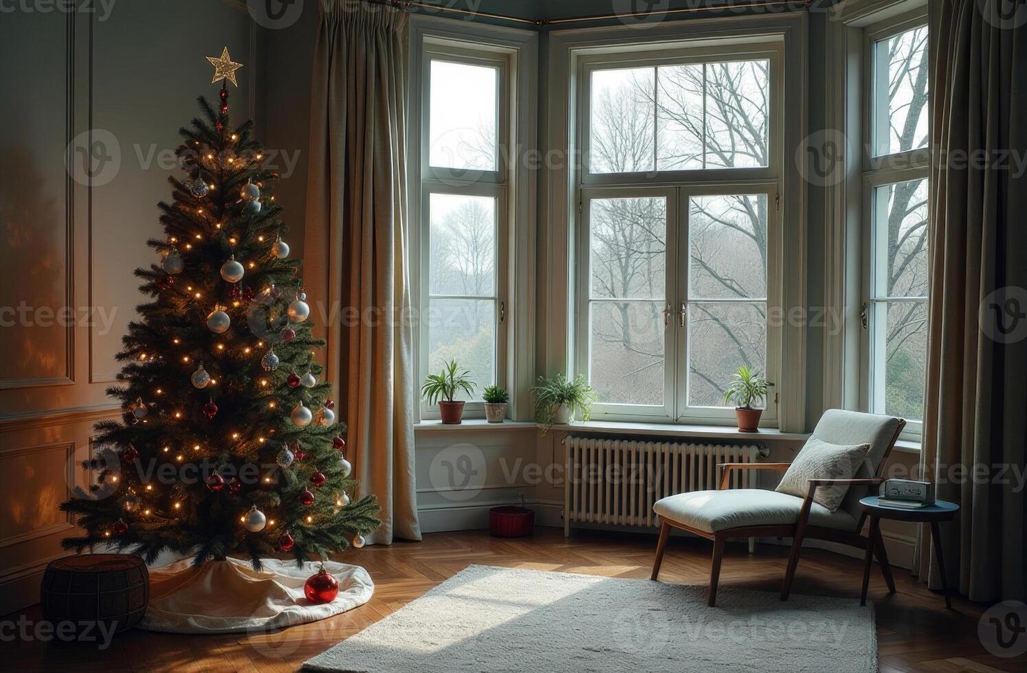 New Year interior wonderful of the living room, decorated Christmas tree indoor, outside window winter snowy evening photo
