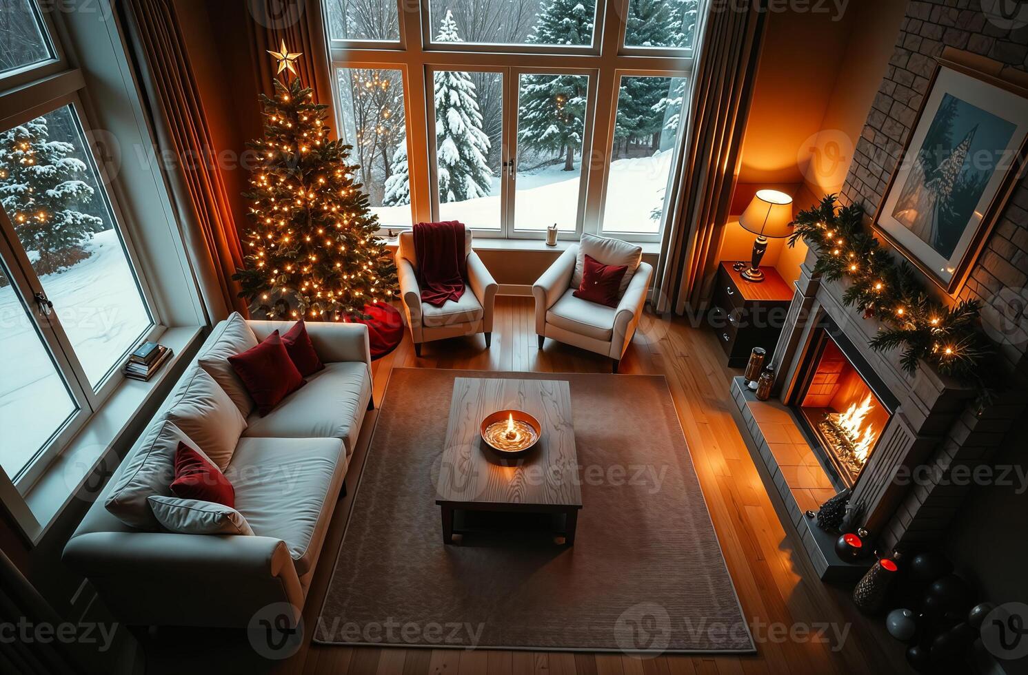 New Year wonderful interior of the living room, decorated Christmas tree indoor, outside window winter snowy evening photo