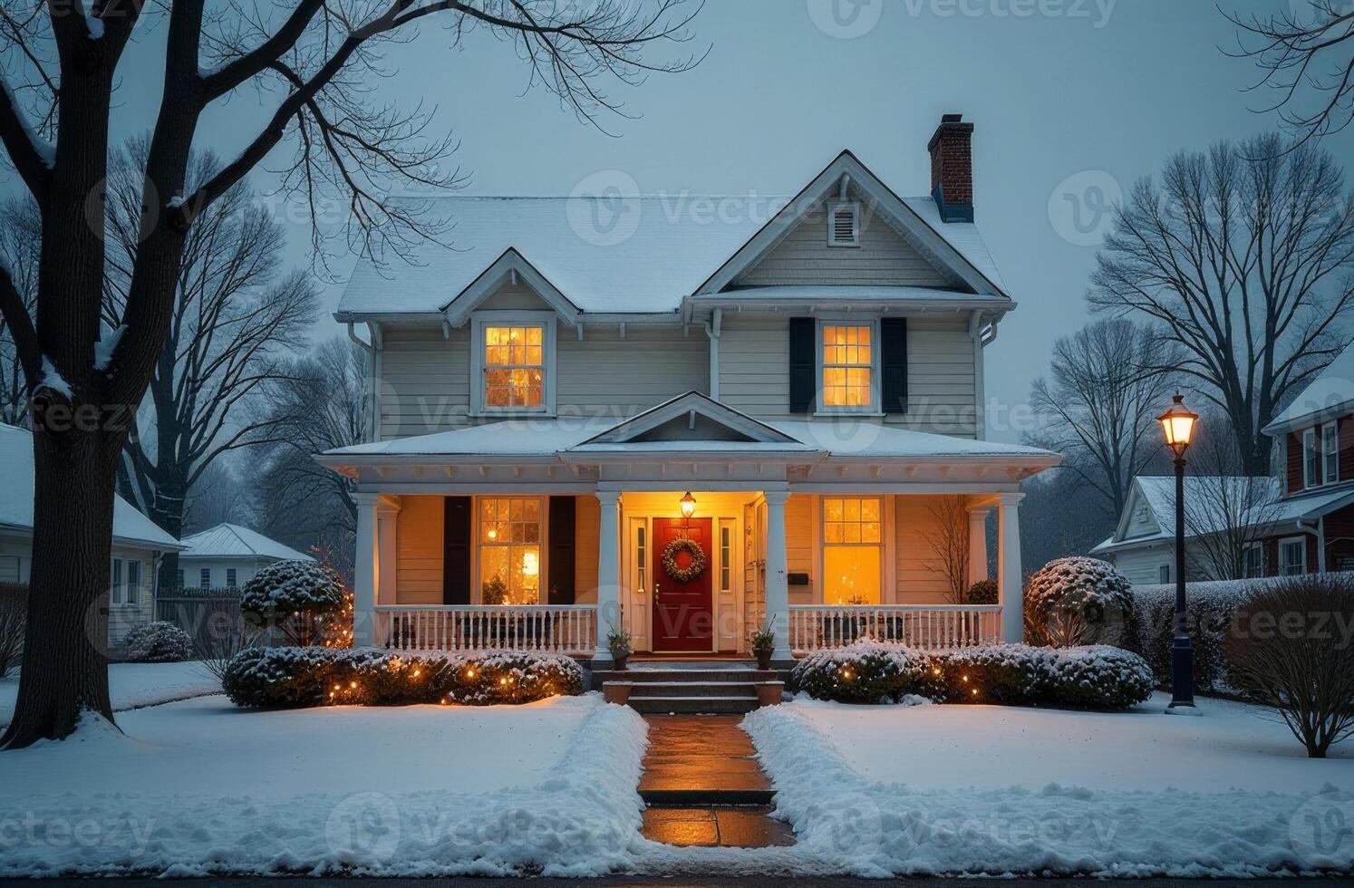 Facade wintry of the house in evening of snowy winter, decor with Christmas garland, New Year Eve, snow outside photo
