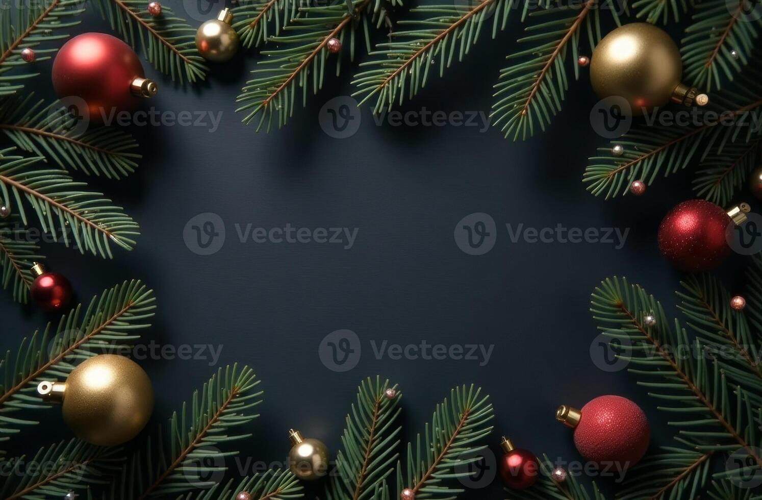 Decorated Christmas tree amazing branches lying on black background, postcard with free space for text, top view photo