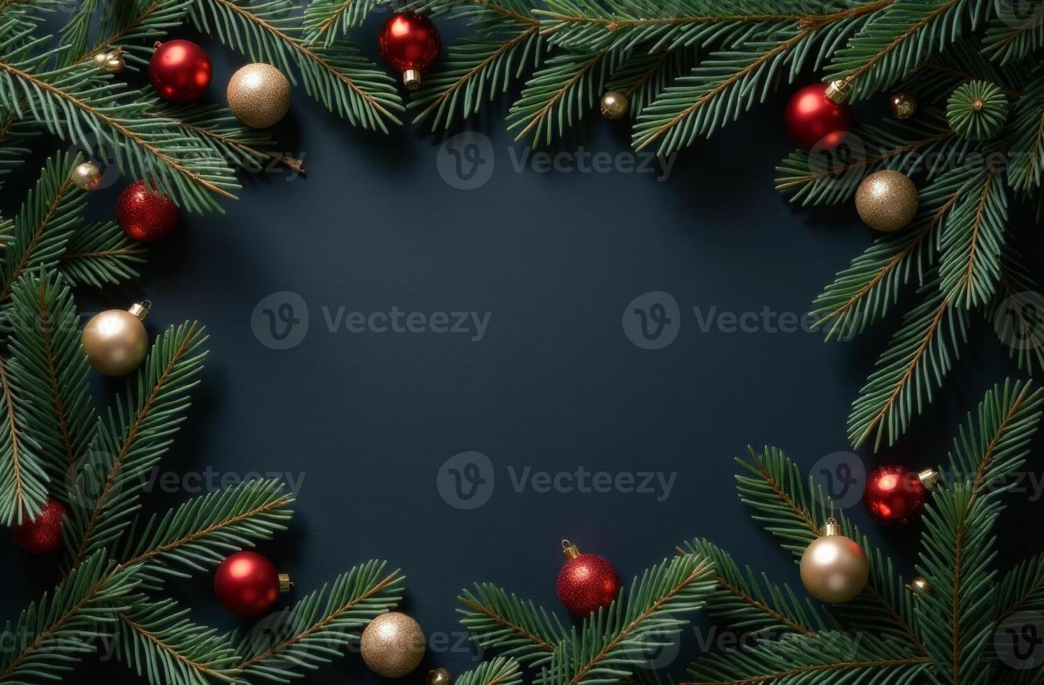 Decorated amazing Christmas tree branches lying on black background, postcard with free space for text, top view photo