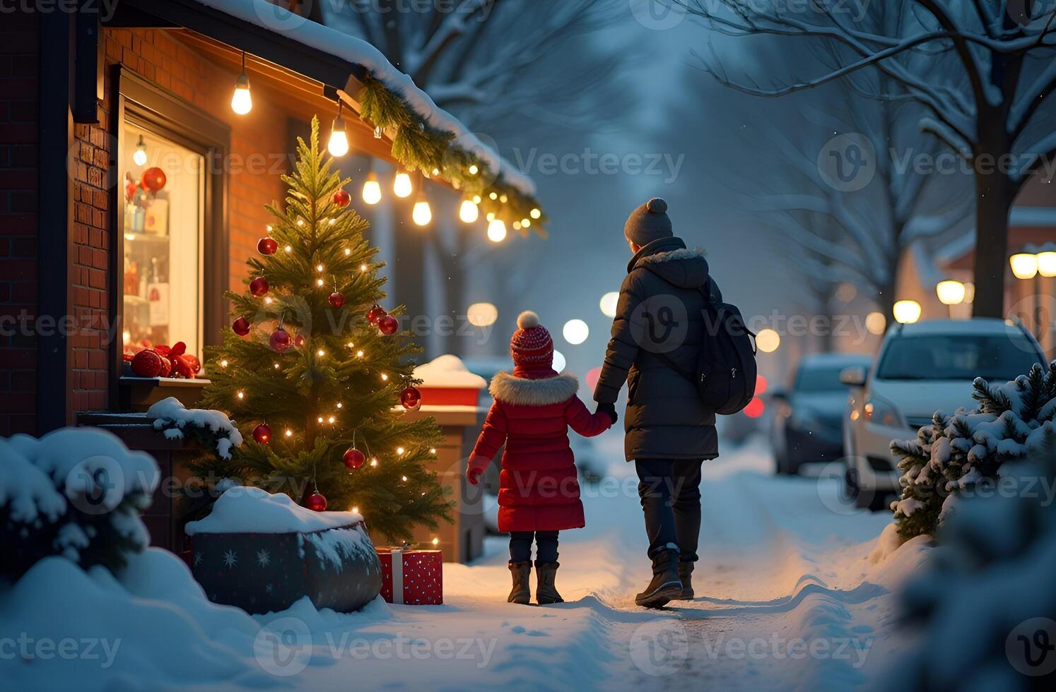 People handsome on snowy road, mother and daughter walking decorated street Christmas tree, woman and child photo