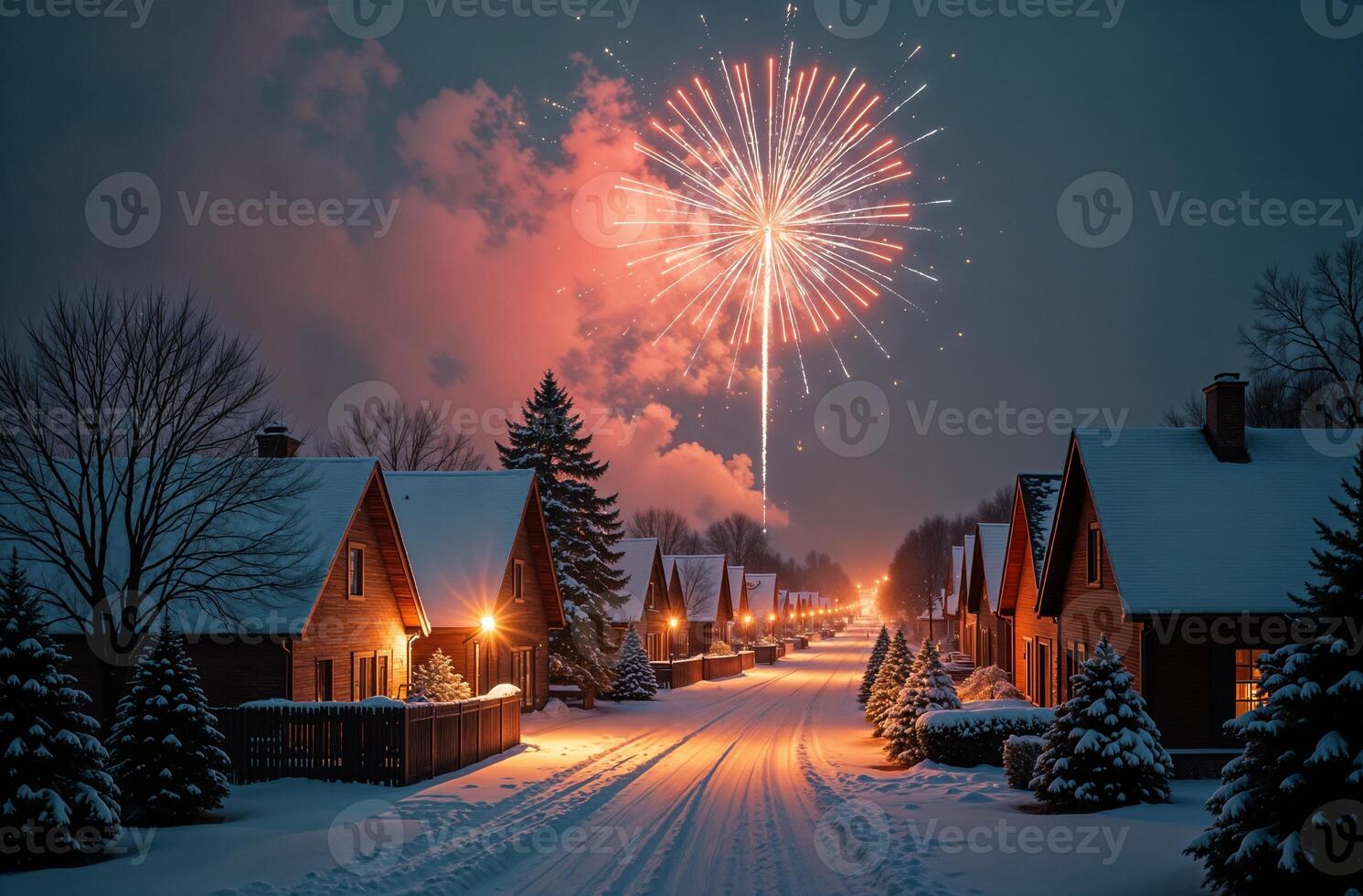 New Year Cute fireworks, suburb view, Christmas tree and building in the background, starry night photo