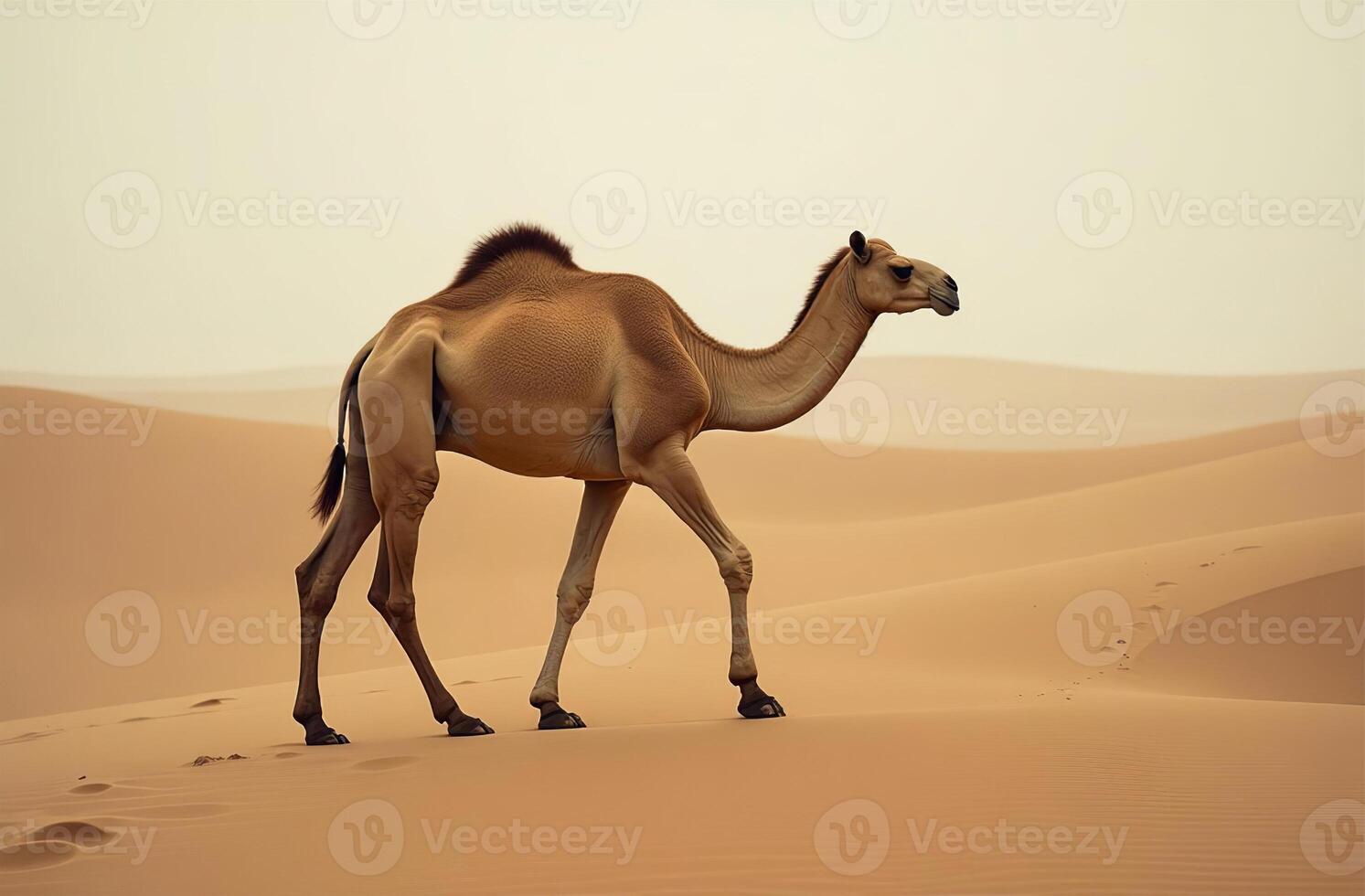 One-humped camel stands on desert sand. Arid Terrain solar photo