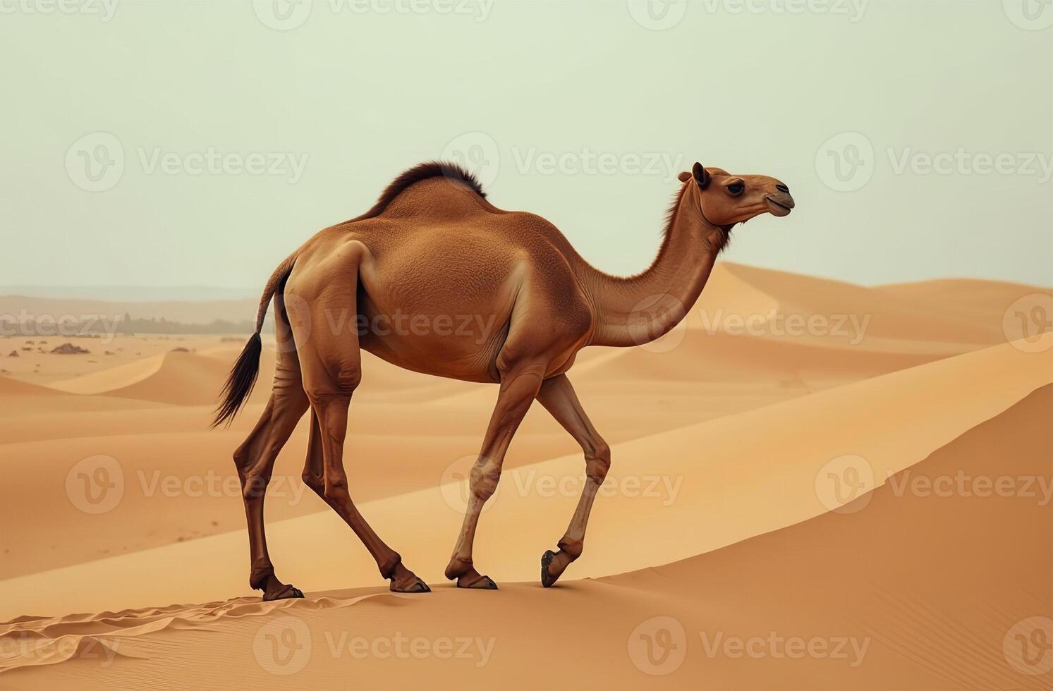 One-humped camel stands on desert solar sand. Arid Terrain photo