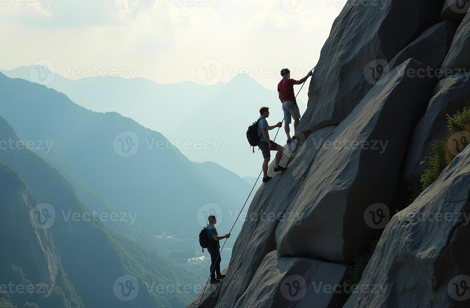 Group tourists backpacks handsome climb mountain. Active holidays nature photo