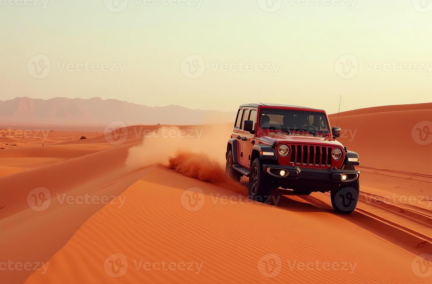 Sand dunes in sunlight, off road car driving on sand sunset sky. warm photo