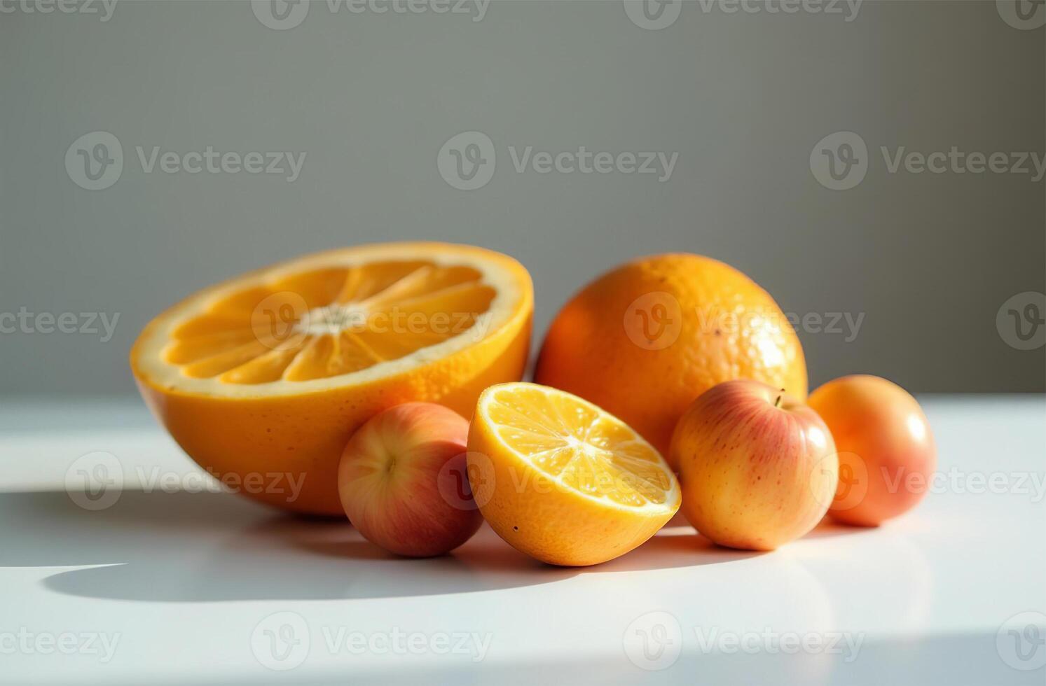 Still life on table, close-up of fresh fruits, yummy bright kitchen photo