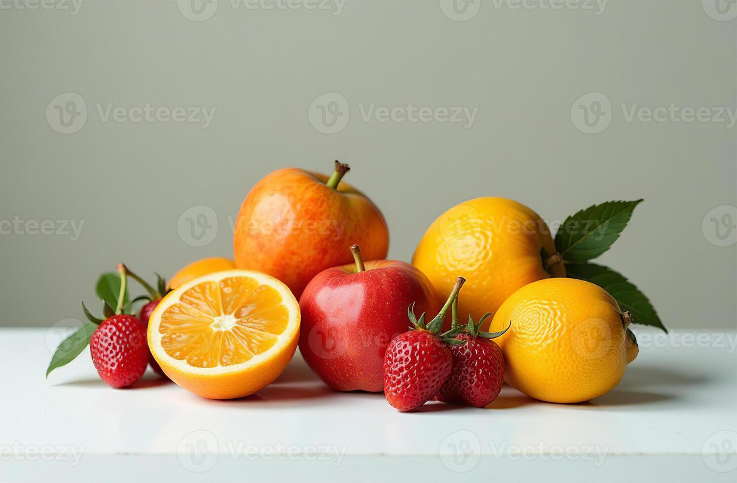 Still life on table, close-up of fresh fruits, tasty bright kitchen photo