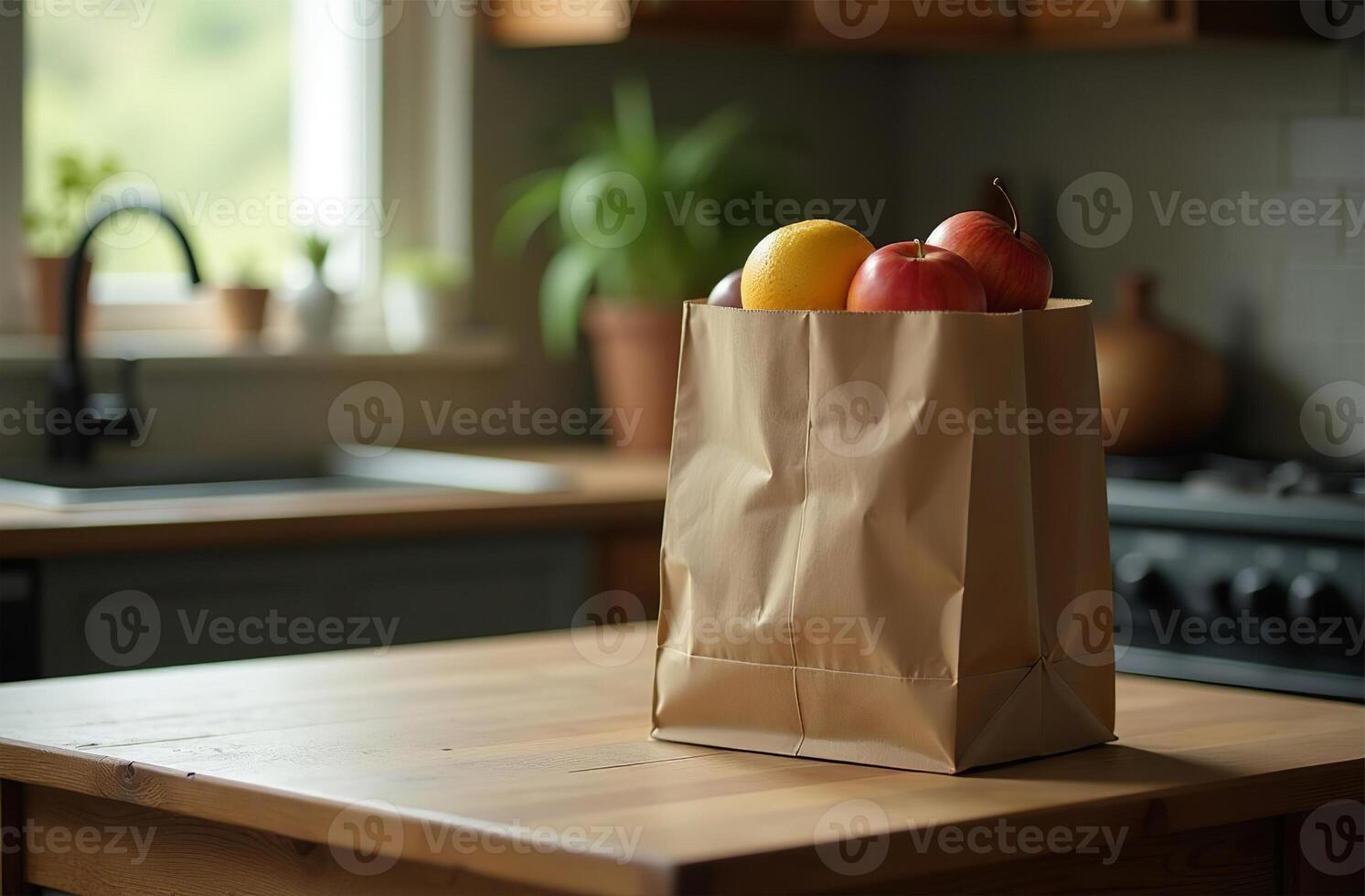 Paper bag purchases table, close-up fresh fruits, bright kitchen tasty photo