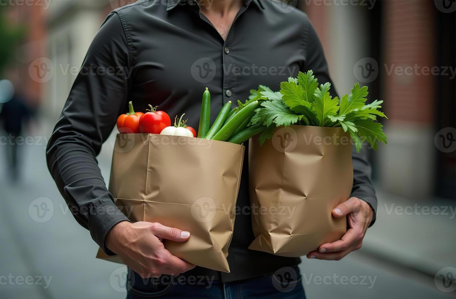 Man carry purchase in paper bag, appetizing vegetable and fruit from market photo