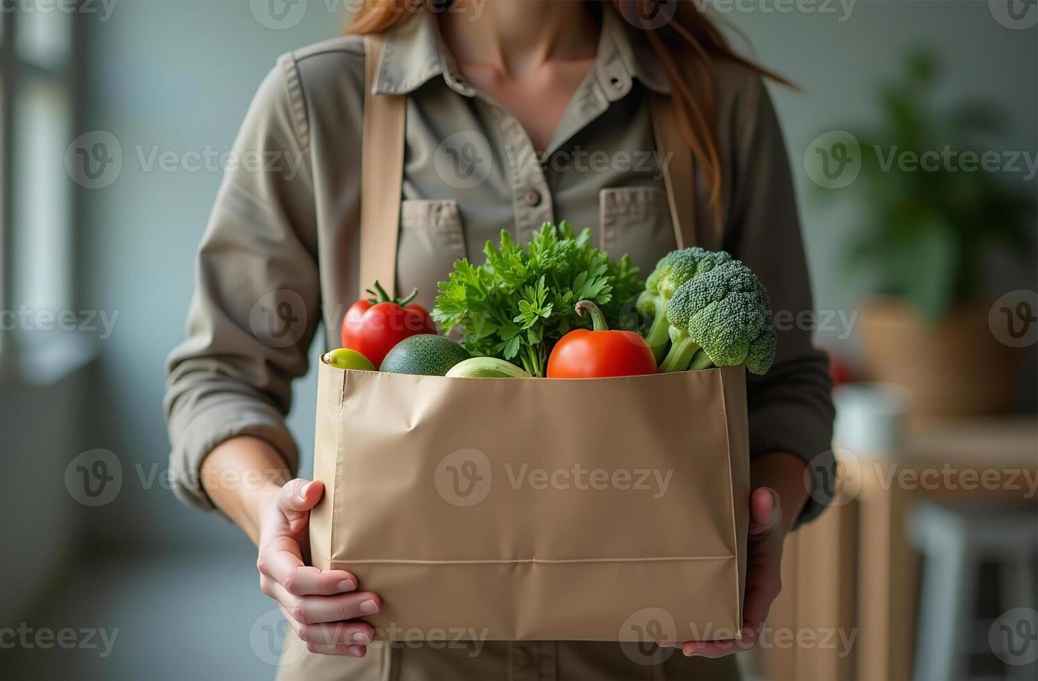 Girl carry purchase in paper bag, appetizing vegetable and fruit from market photo