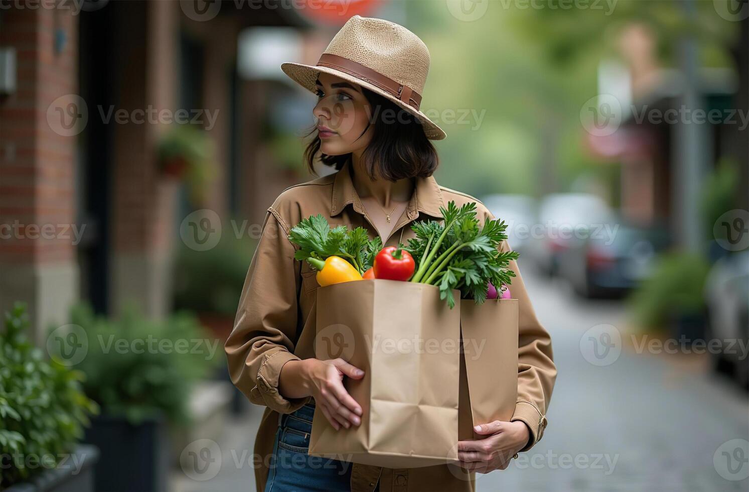 Girl carry purchase in paper bag vegetable and fruit from market photo