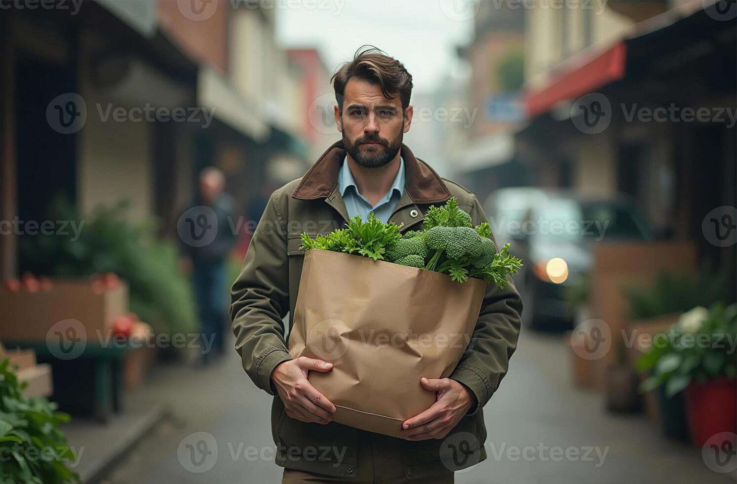 Man carry purchase in paper bag vegetable and fruit from market photo