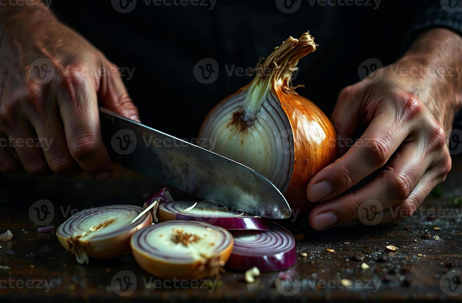 Cook delicious cutting onion vegetable in kitchen, cooking food restaurant photo