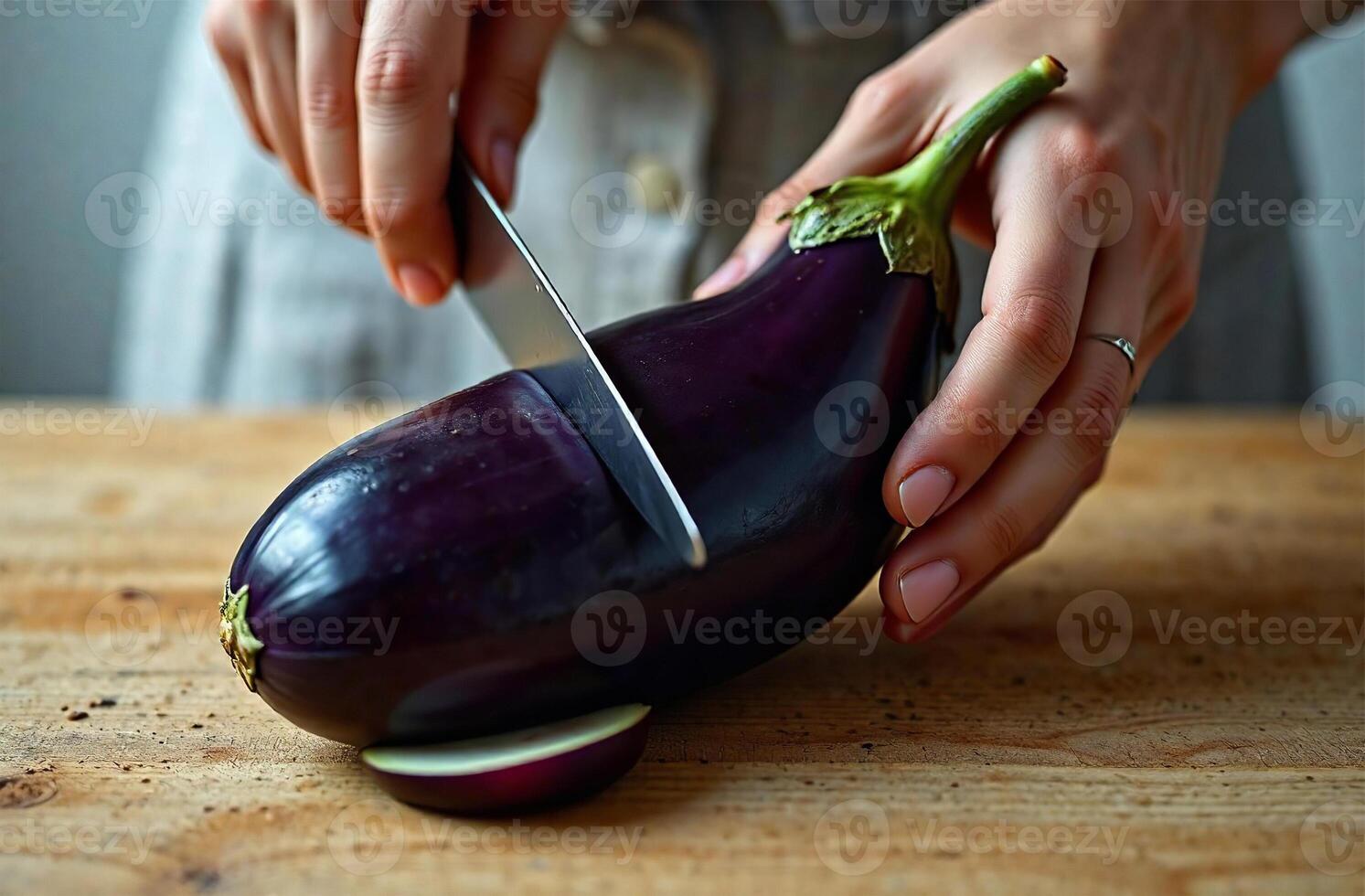 Cook cutting delicious eggplant vegetable kitchen, cooking food restaurant photo